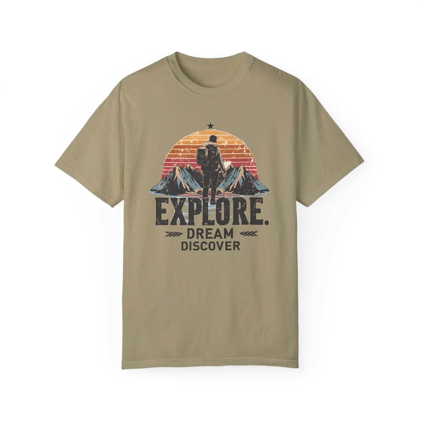 Soft and durable ringspun cotton women’s t-shirt with mountains and hiker illustration in sand color.
