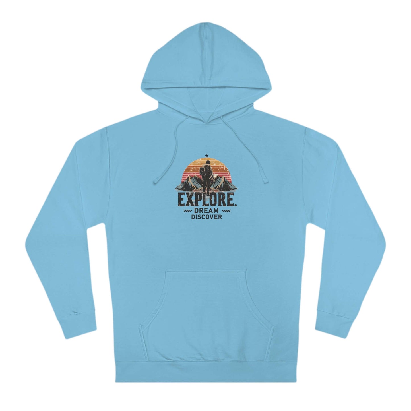 Classic-fit hoodie in blue with 'Explore, Dream, Discover' graphic for North America adventurers.