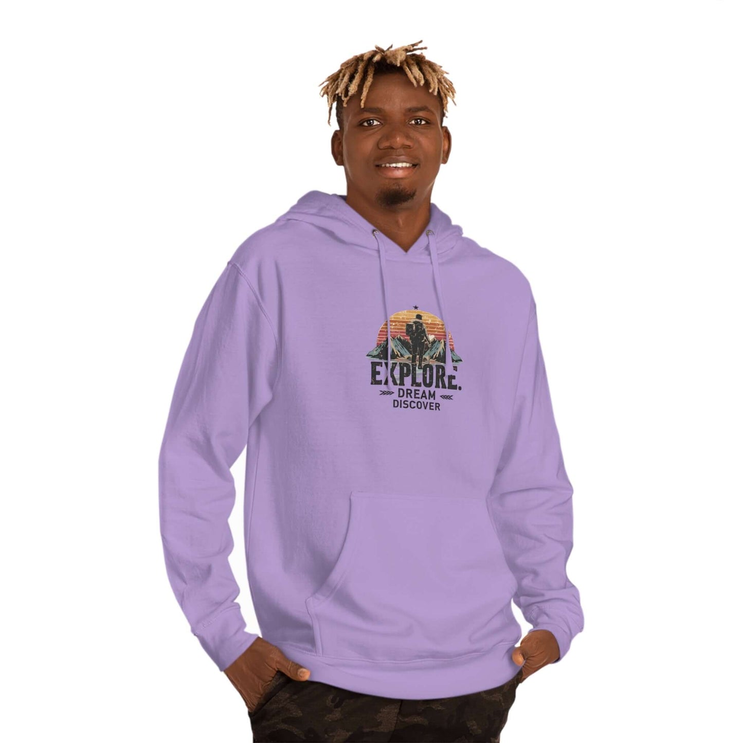 Adventure-ready hoodie in lavender purple with a front graphic featuring hiker and mountain scenes.