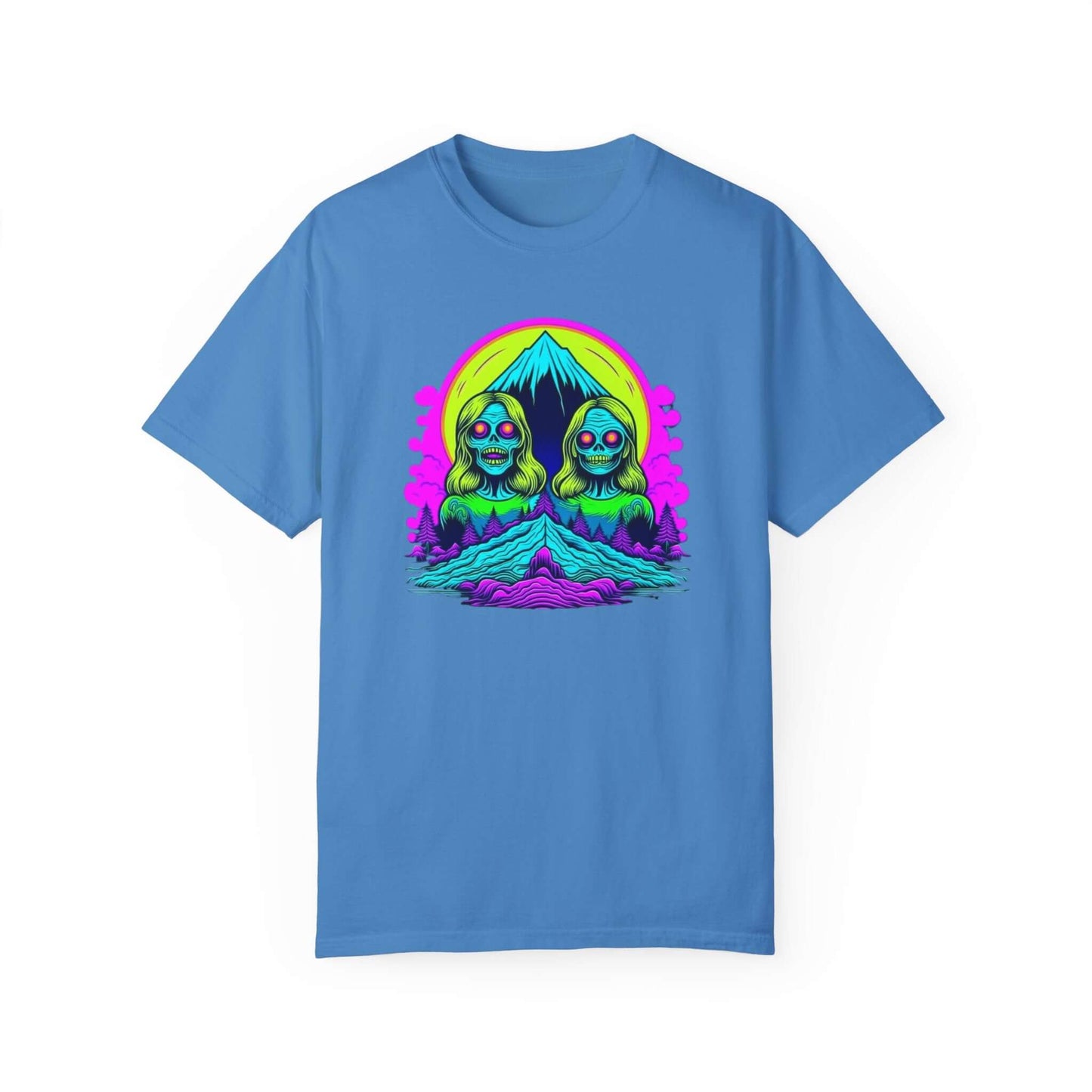 Ringspun cotton women’s tee featuring a zombie graphic for bold, USA-inspired fashion in blue.