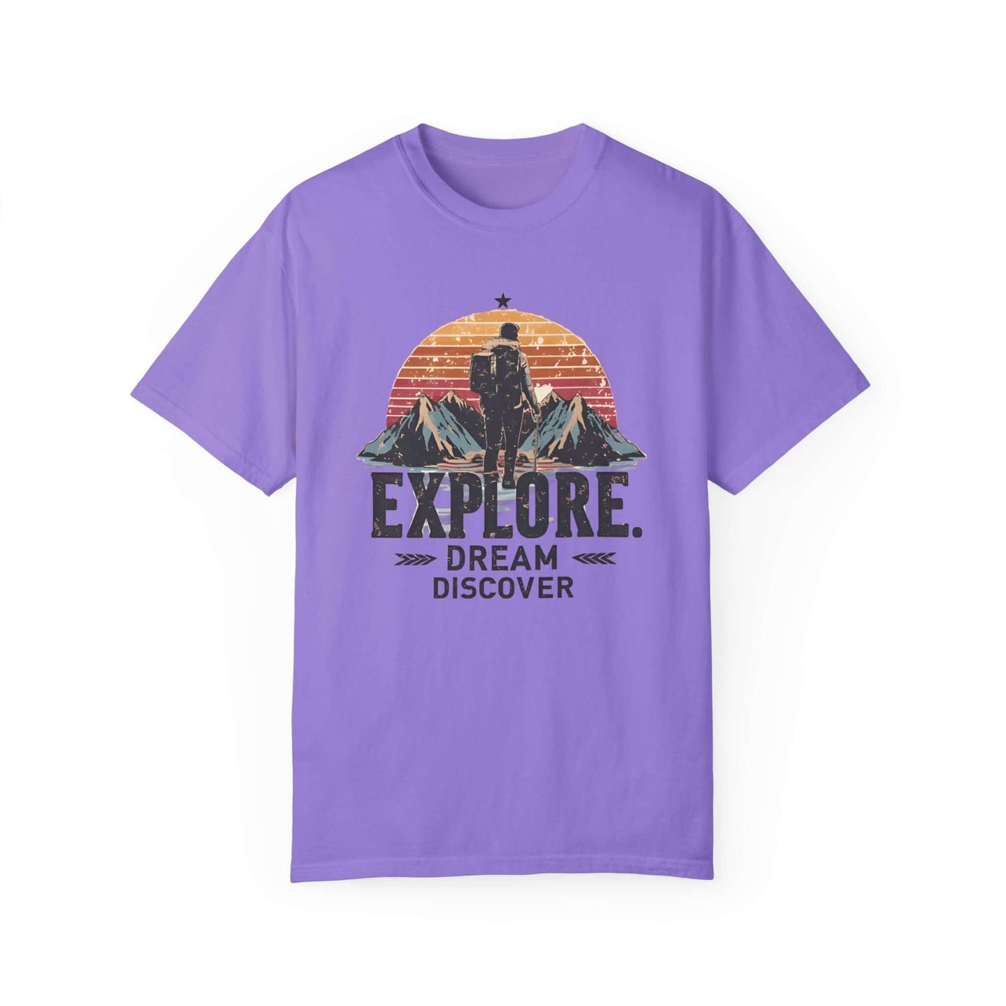 Women’s purple t-shirt with an adventure graphic, perfect for outdoor and everyday wear.