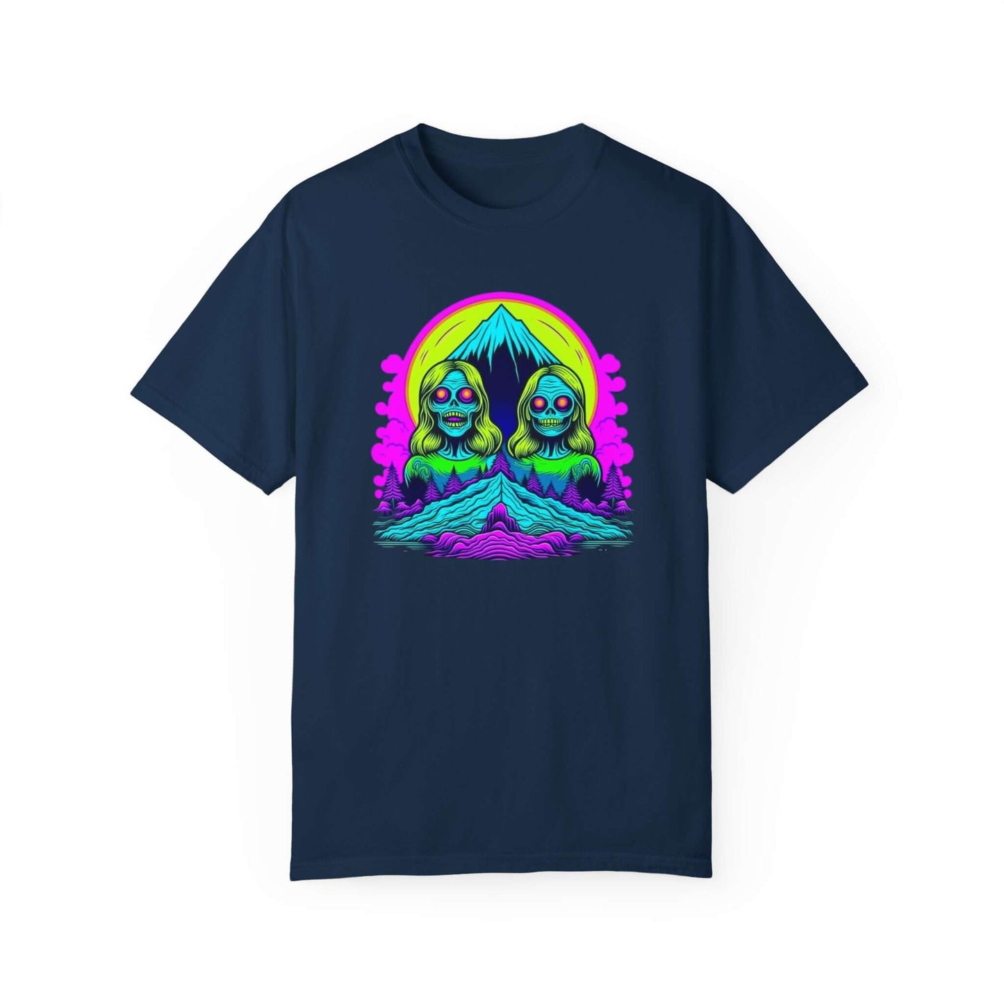 Comfortable and stylish women’s t-shirt featuring an eye-catching zombie design in navy.