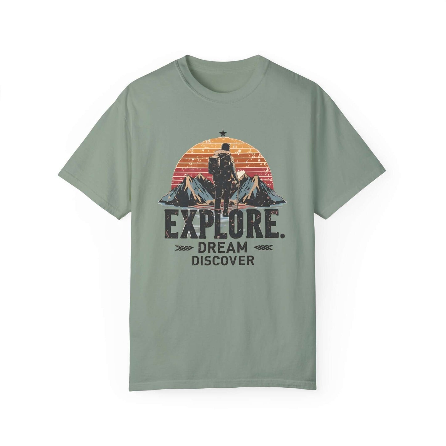 Adventure-inspired women’s ringspun cotton tee featuring 'Explore. Dream. Discover' print in light green.