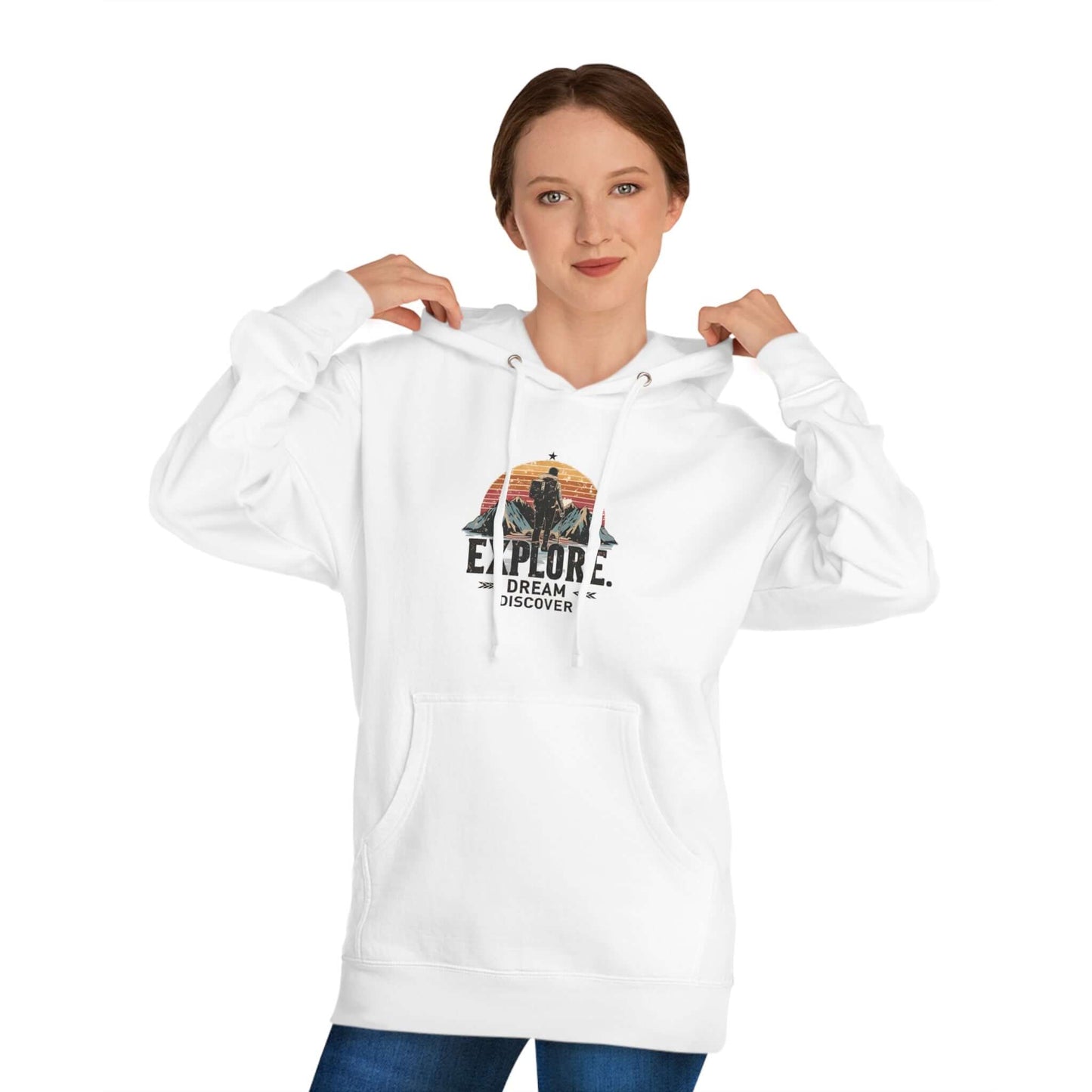 Adventure-ready hoodie with a hiker and mountains design in white color – perfect for USA explorers.