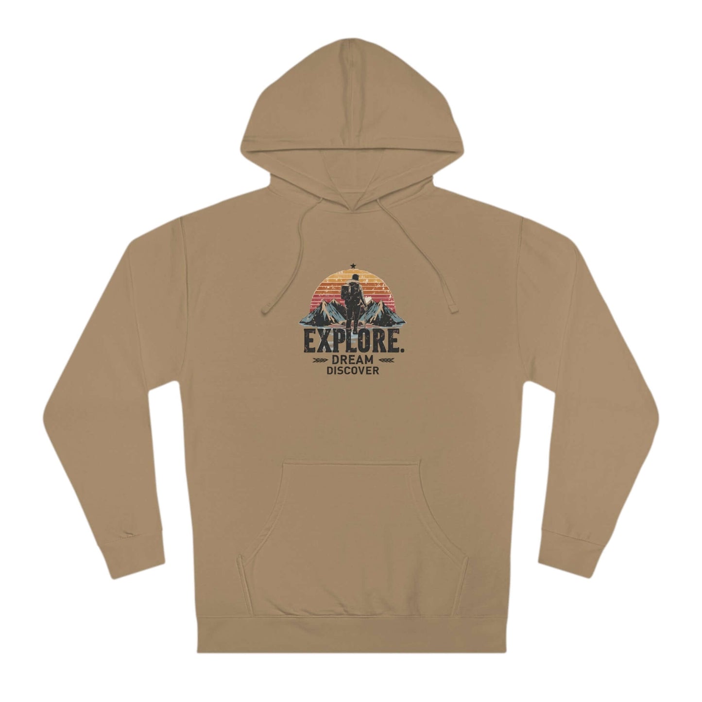 Durable and stylish unisex hoodie sweatshirt sweater in sand color with 'Explore, Dream, Discover' hiker-themed design.