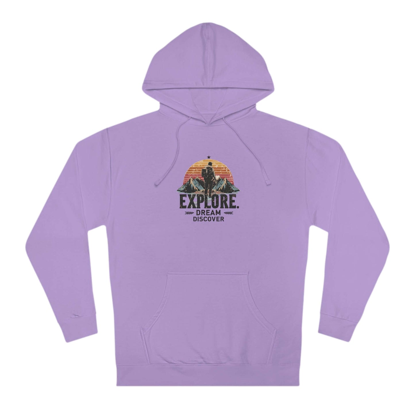 Wyld Peak's 'Explore, Dream, Discover' hoodie sweatshirt in purple – built for adventurers and dreamers alike.