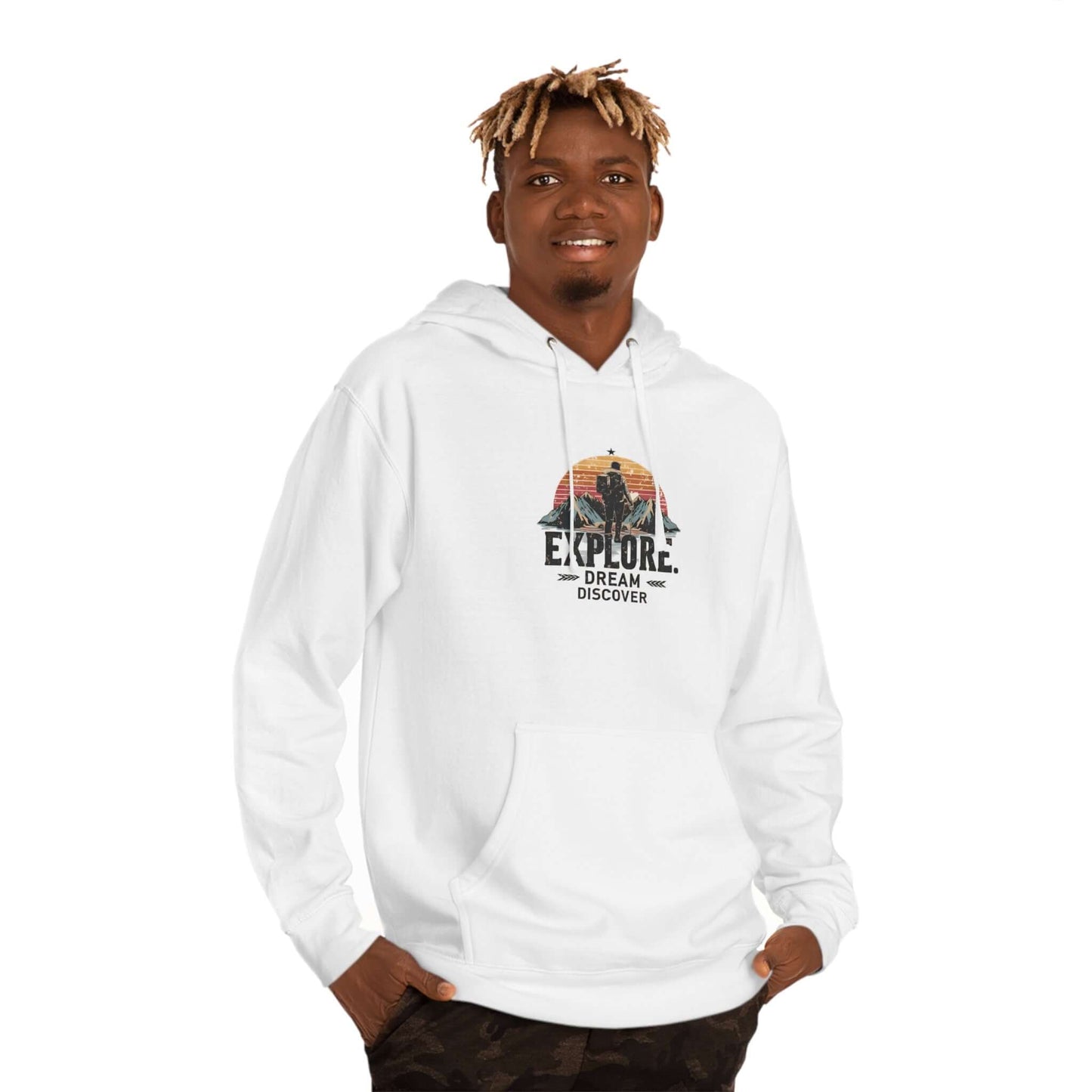 Adventure-inspired hoodie in white featuring a hiker and mountain design for outdoor enthusiasts.