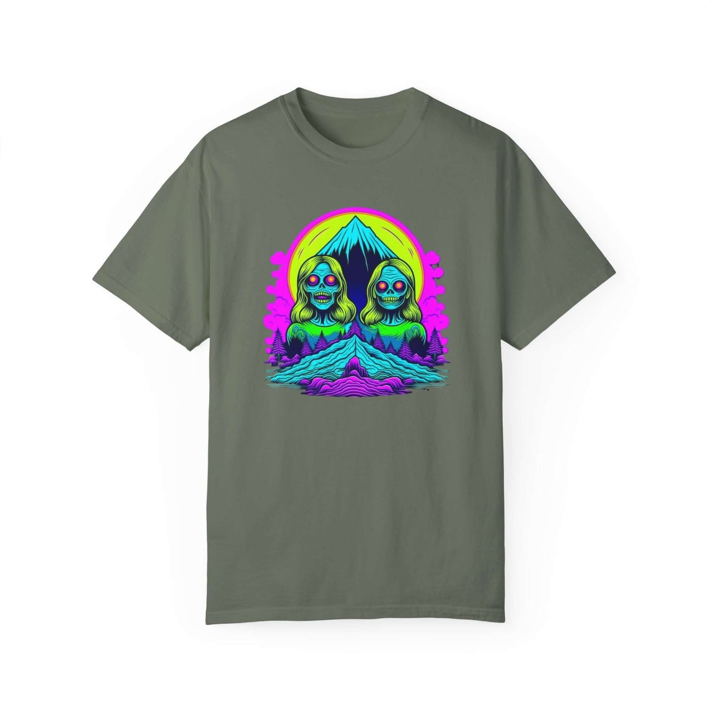 USA-made women’s tee featuring a unique and stylish zombie graphic design in green.