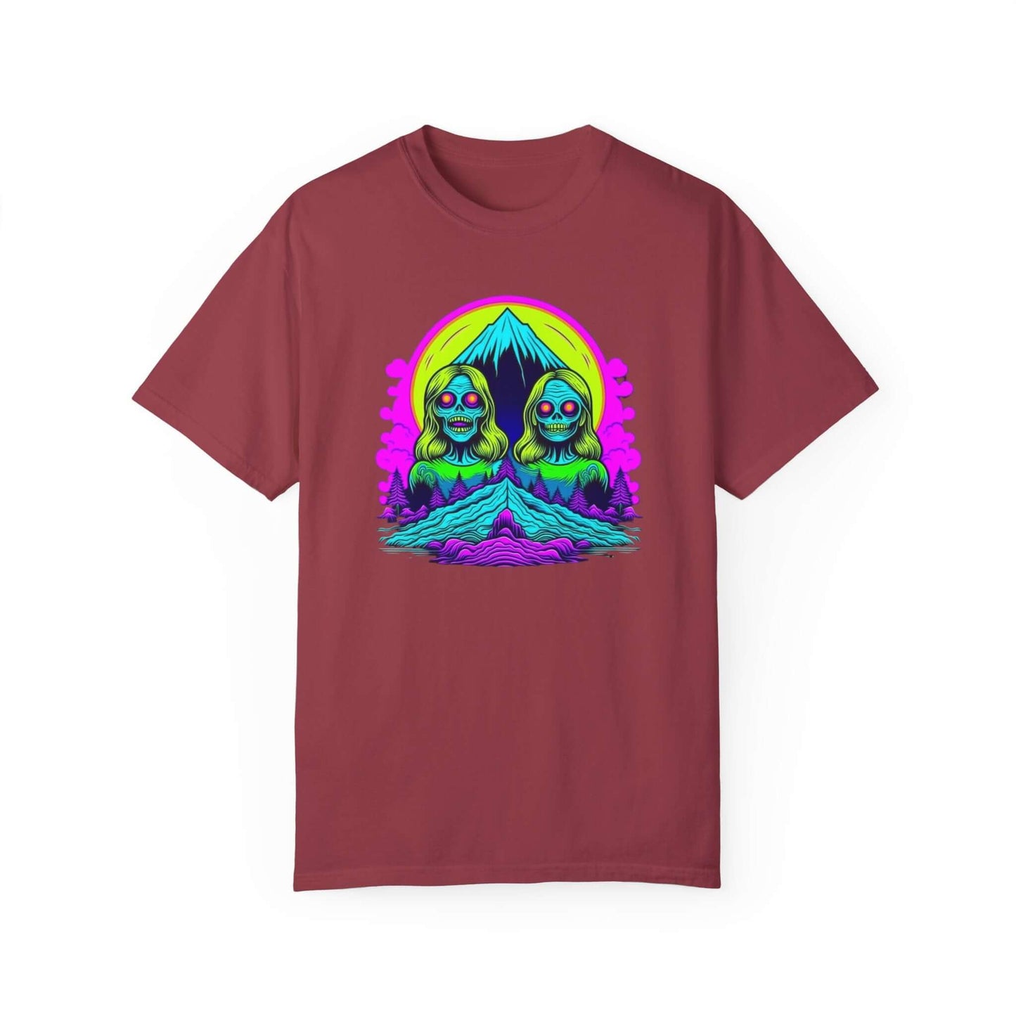 Women’s ringspun cotton t-shirt with a striking zombie graphic, perfect for urban wear in maroon.