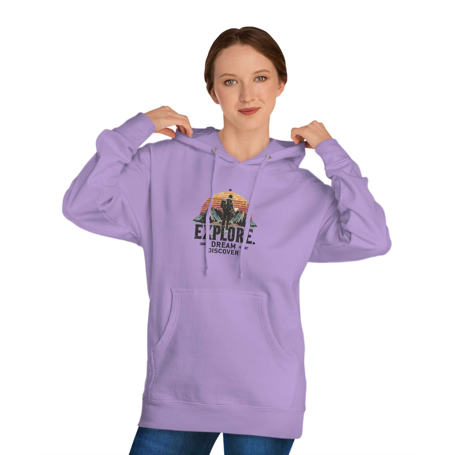 Unisex hoodie in lavender purple with an 'Explore, Dream, Discover' design – made for adventure lovers.