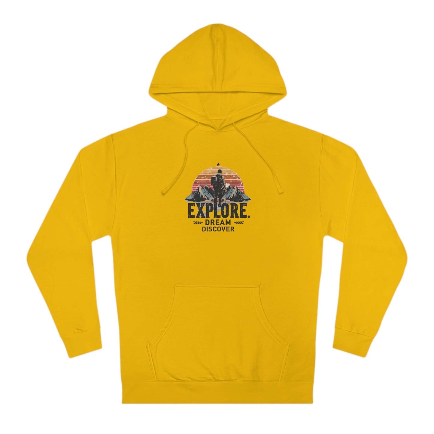Double-layered hooded sweatshirt in yellow with bold hiker graphics, perfect for the great outdoors.