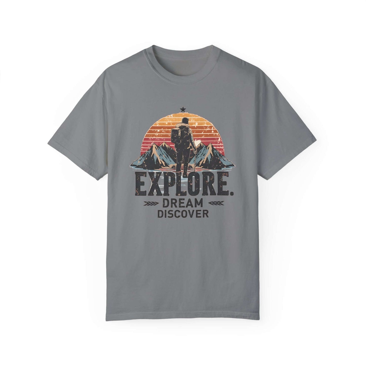 Grey ringspun cotton women’s t-shirt featuring a mountain graphic and inspiring words.