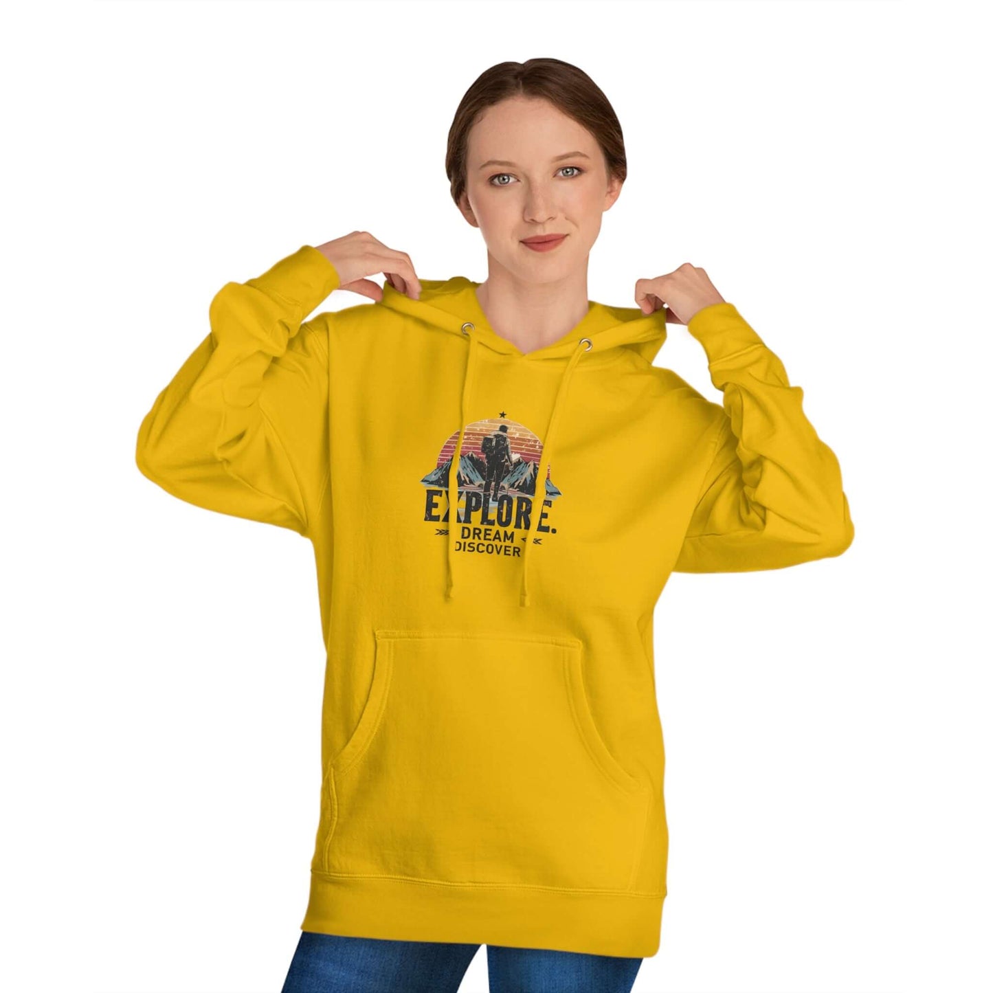 Sustainable hoodie in yellow featuring 'Explore, Dream, Discover' design for hikers and dreamers.
