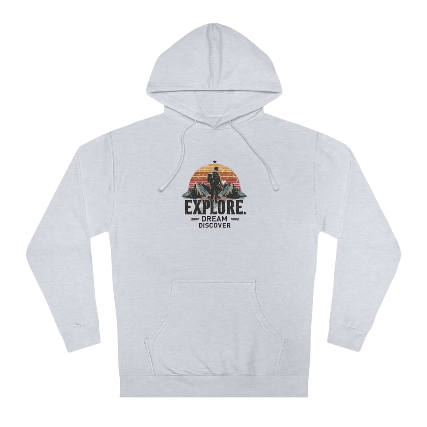 Wyld Peak sustainable hoodie in heather grey with an adventure-ready 'Explore, Dream, Discover' graphic.