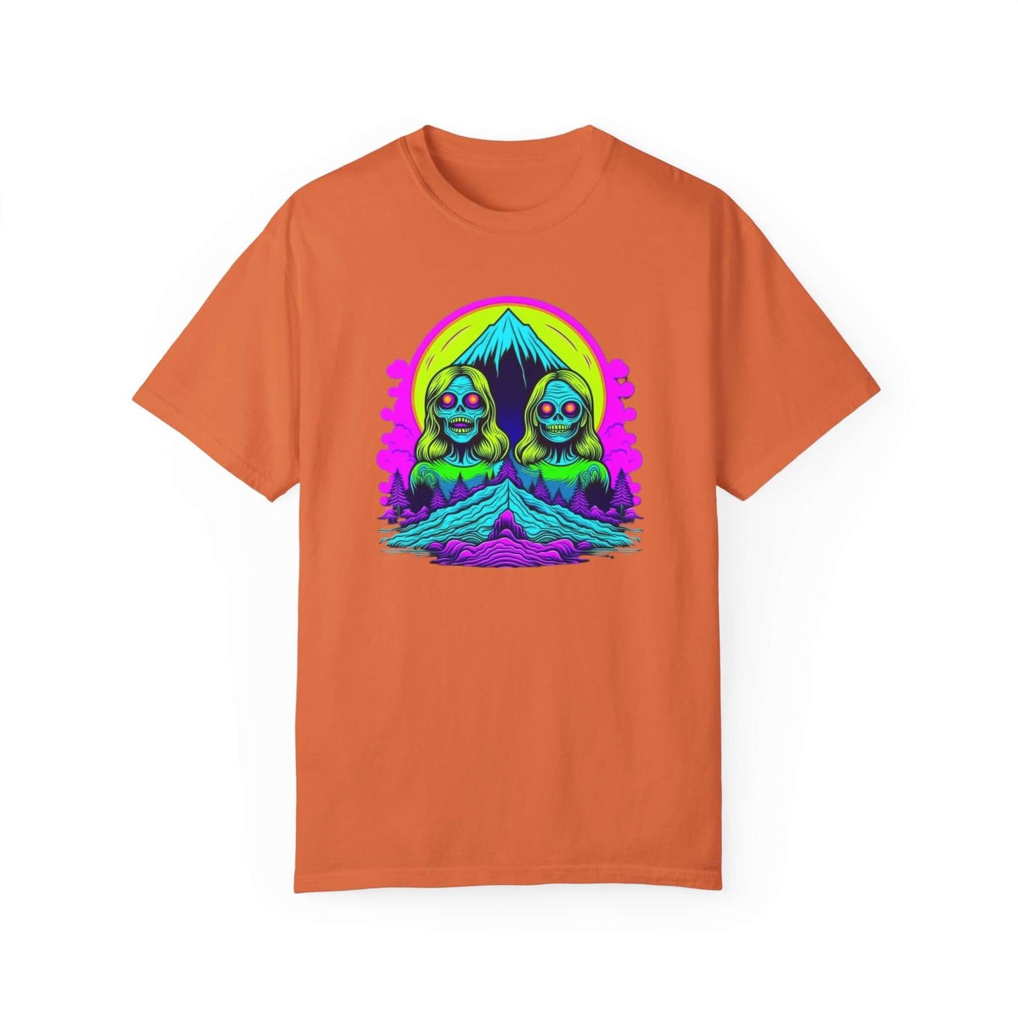 Designed for comfort and flair, this USA-crafted women’s zombie graphic tee stands out in orange.