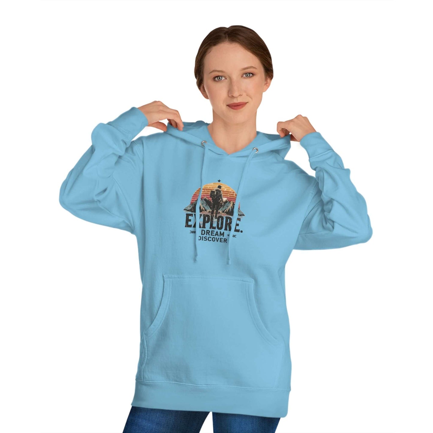 Wyld Peak premium hoodie with 'Explore, Dream, Discover' design for outdoor enthusiasts in blue.