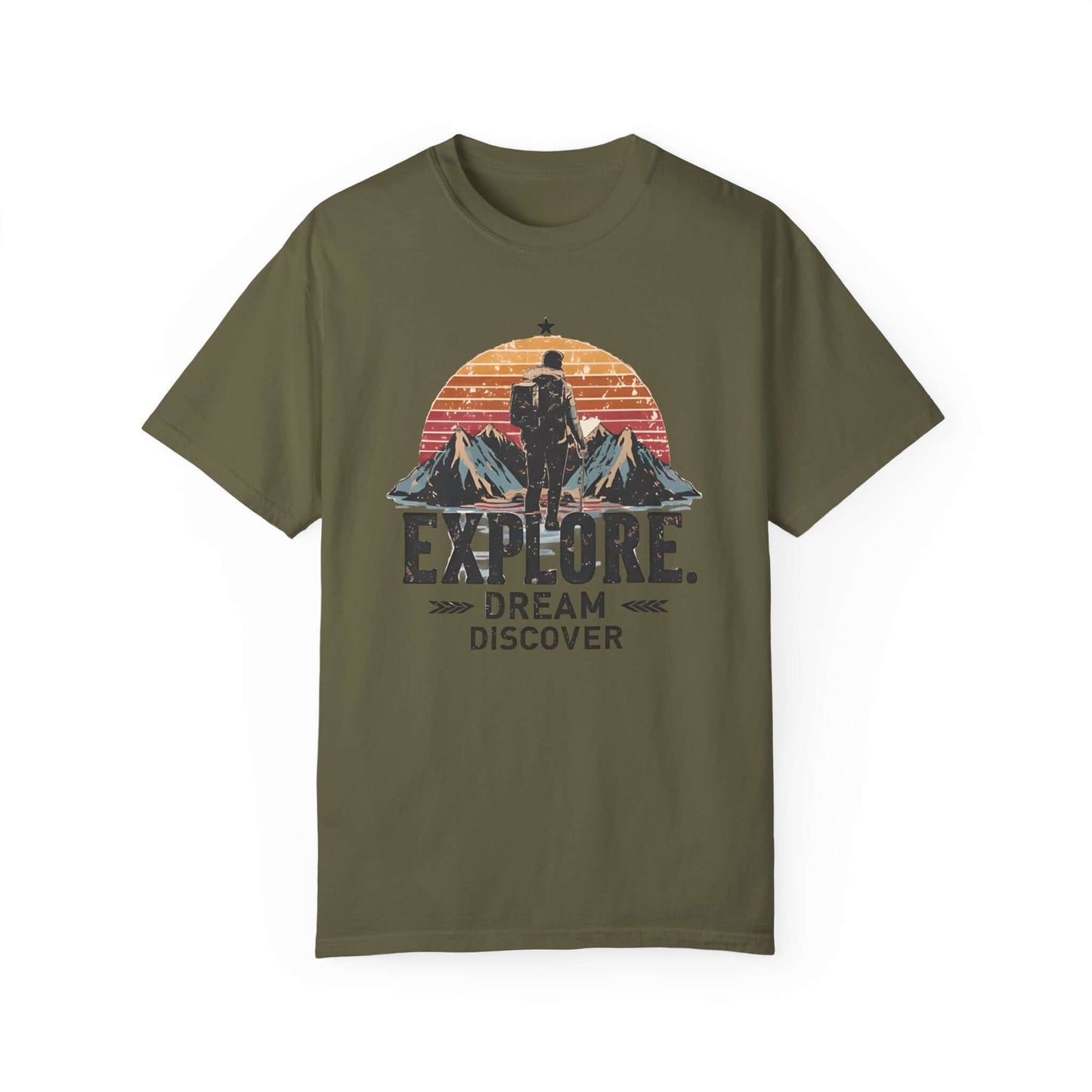 Soft and breathable women’s tee with a hiking graphic and motivational outdoor slogan in army green.