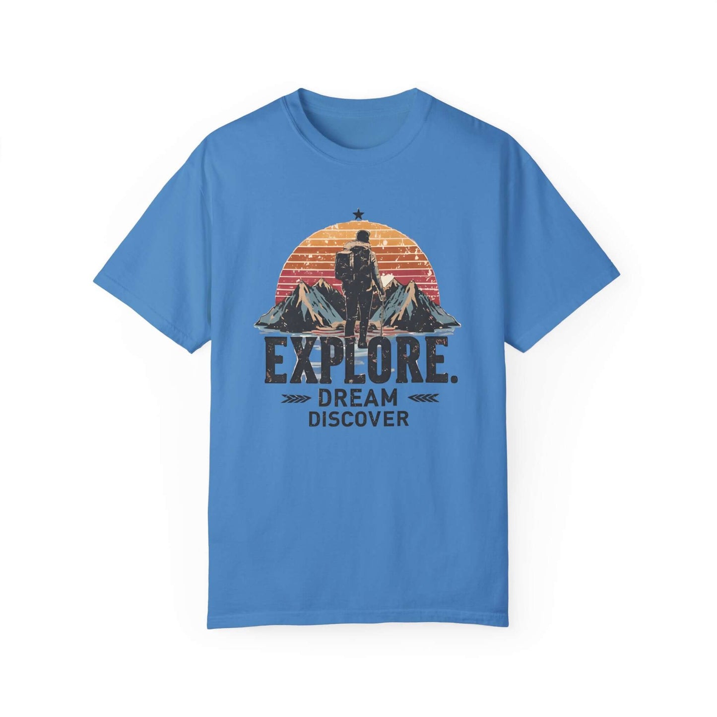 Premium women’s cotton t-shirt with 'Explore. Dream. Discover' hiker-themed design in blue color.