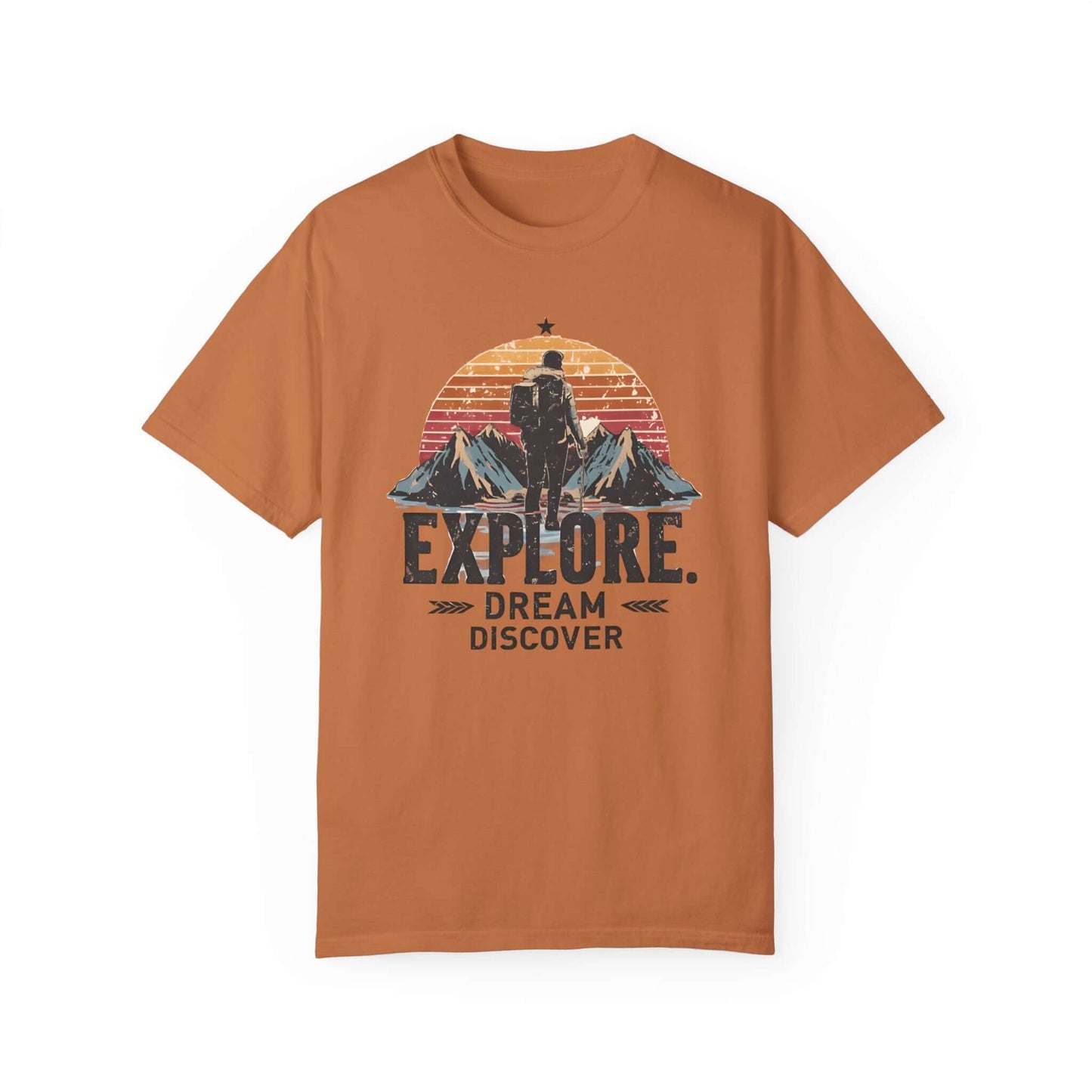 Motivational orange women’s hiking tee with 'Explore. Dream. Discover' in bold mountain design.