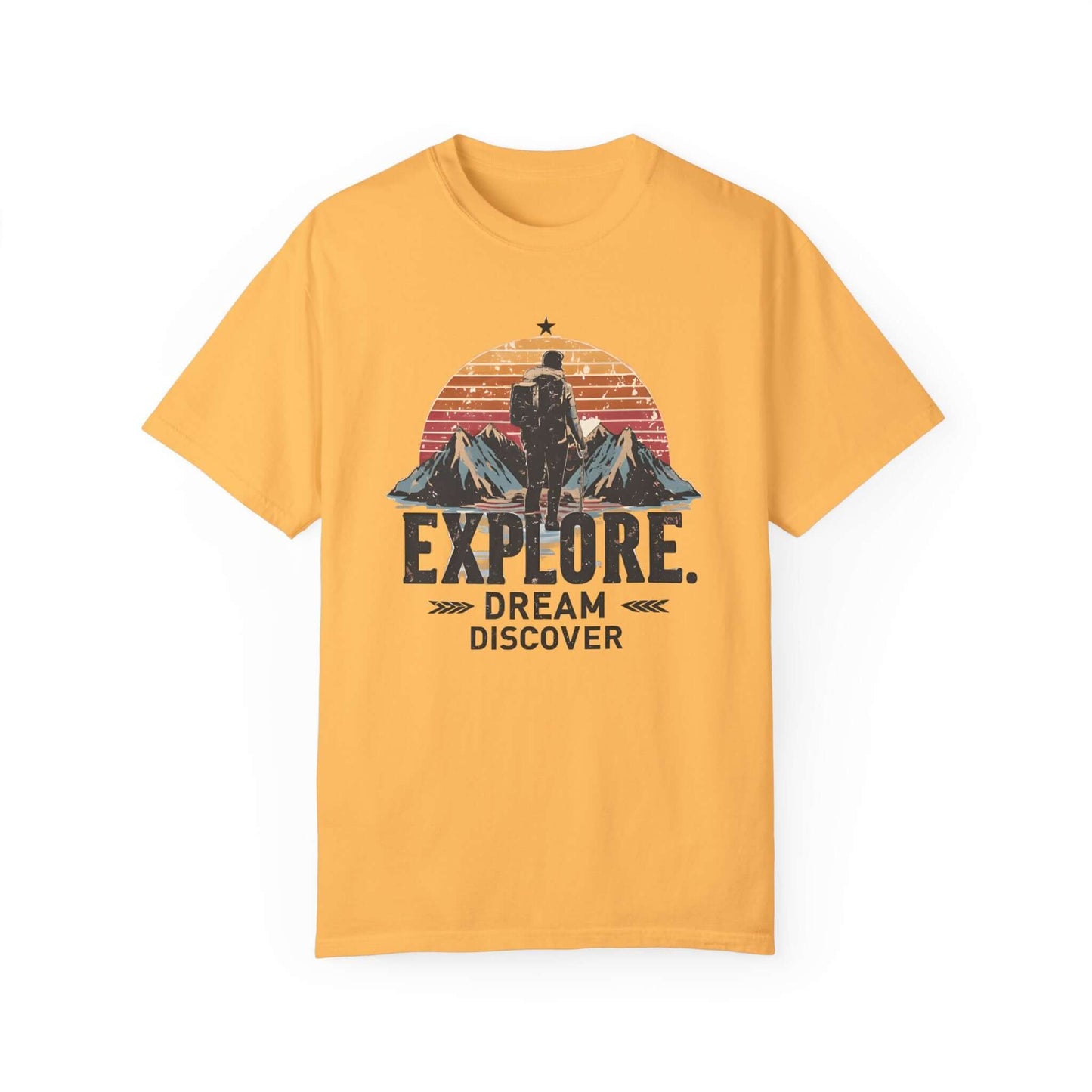 Lightweight women’s cotton t-shirt with a stunning 'Explore. Dream. Discover' nature print in yellow.