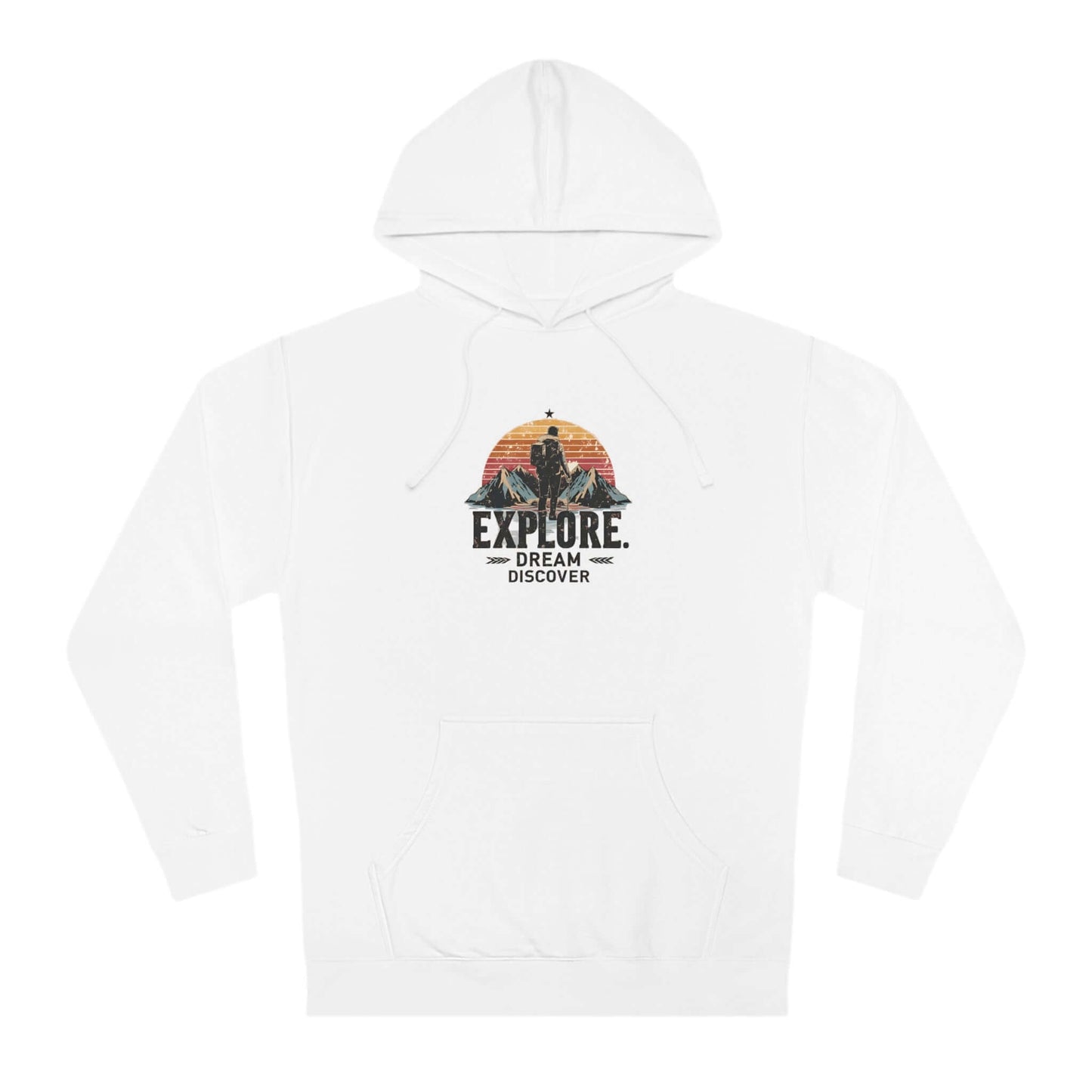 Warm and durable hoodie in white with an inspiring hiker and mountains graphic, crafted for explorers.