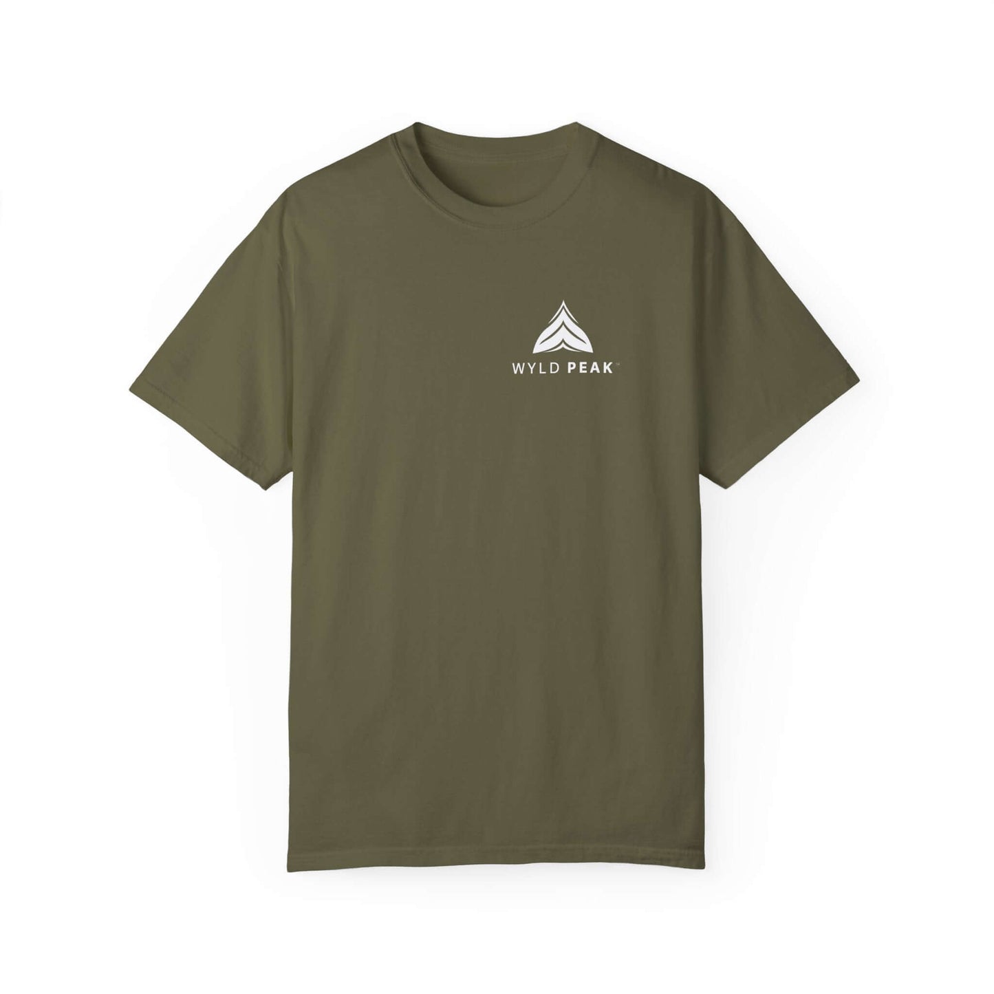 Breathable women’s cotton t-shirt with a small brand logo, perfect for hiking trails in army green.
