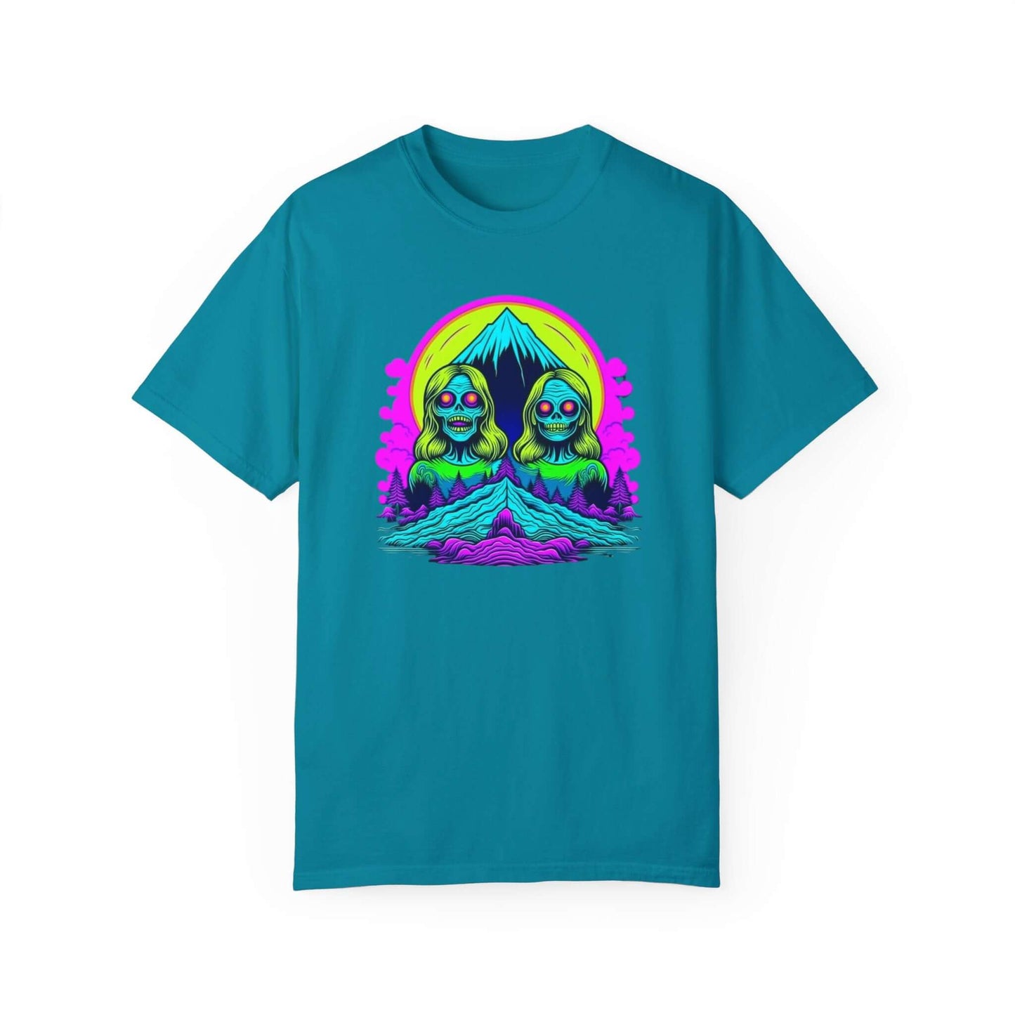 Designed for urban adventurers, this women’s zombie graphic tee blends comfort and fearless style in trippy turquoise.