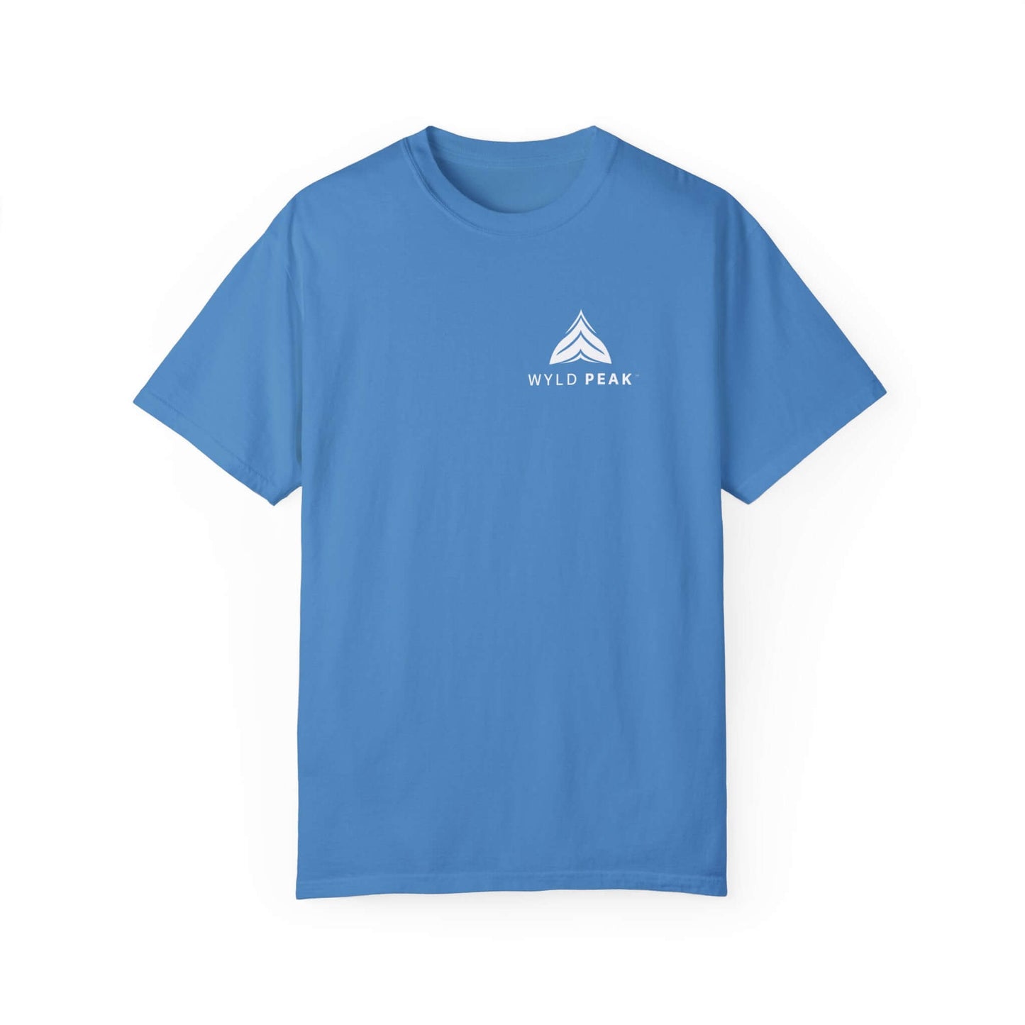 Eco-conscious women’s cotton shirt with a subtle logo, ideal for USA-based adventurers in blue.