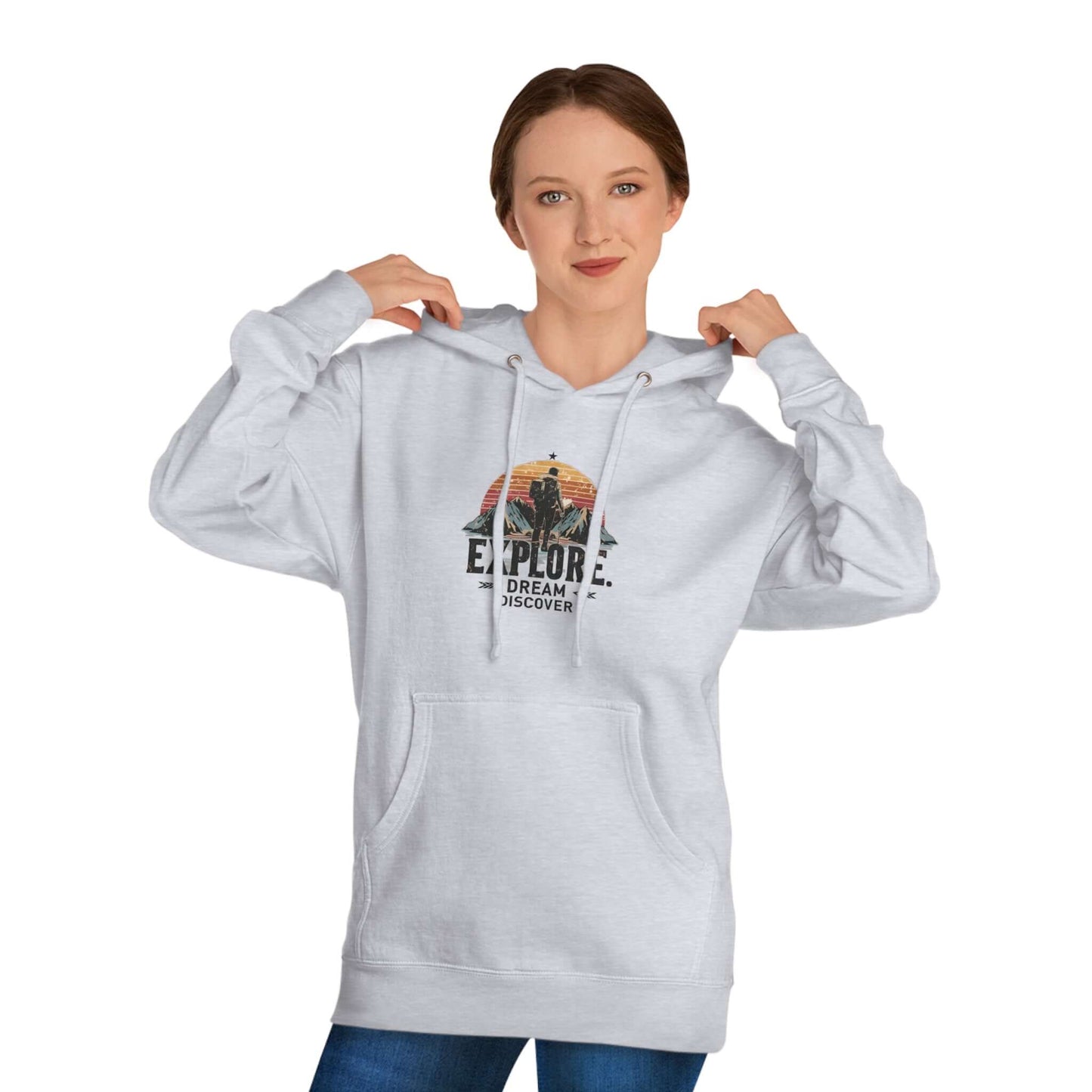 North American-made hoodie in heather grey with a bold hiker and mountains graphic on the front.