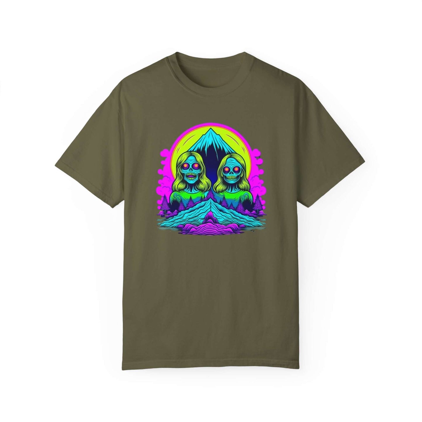 Soft and durable women’s tee featuring a unique zombie graphic, made in the USA in army green.