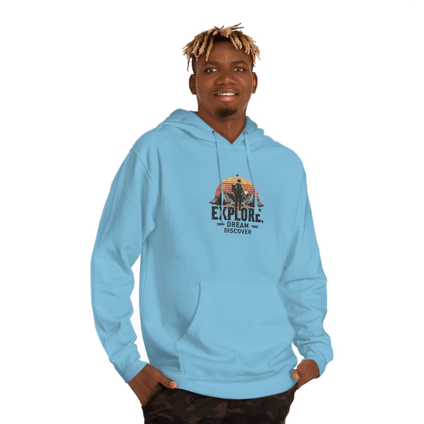 Eco-conscious hoodie in blue with an 'Explore, Dream, Discover' design for USA-based explorers.