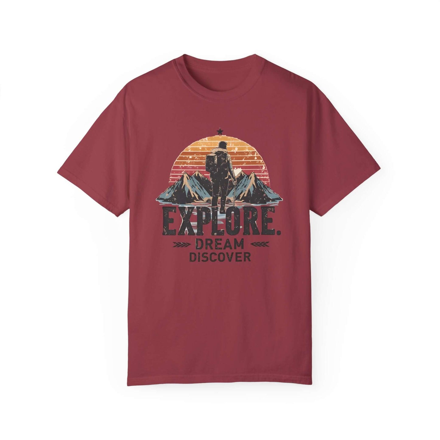 Classic-fit women’s t-shirt with a bold hiker and mountain graphic, made for explorers in maroon color.
