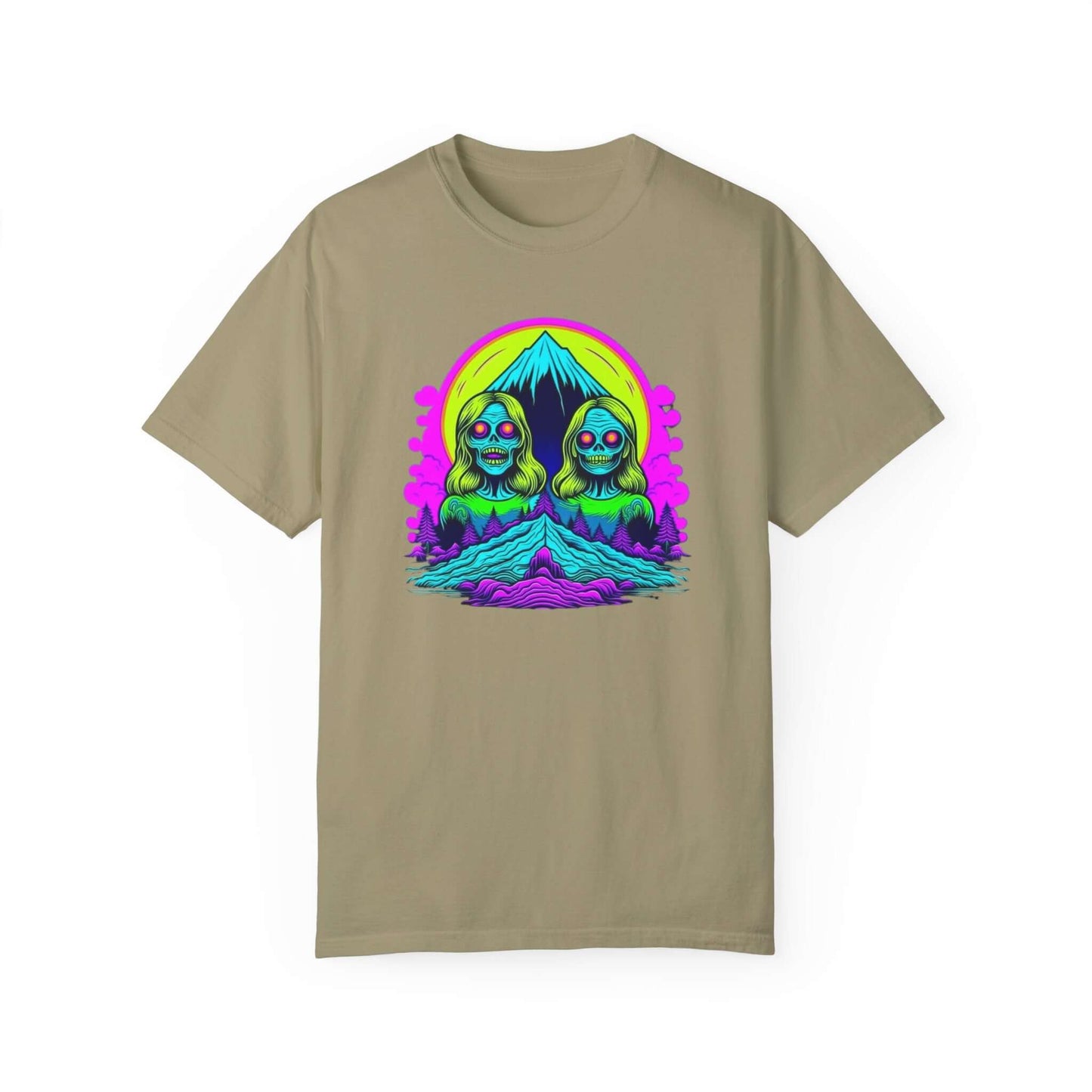 Women’s zombie graphic tee made in the USA, perfect for urban and casual looks in desert tan.