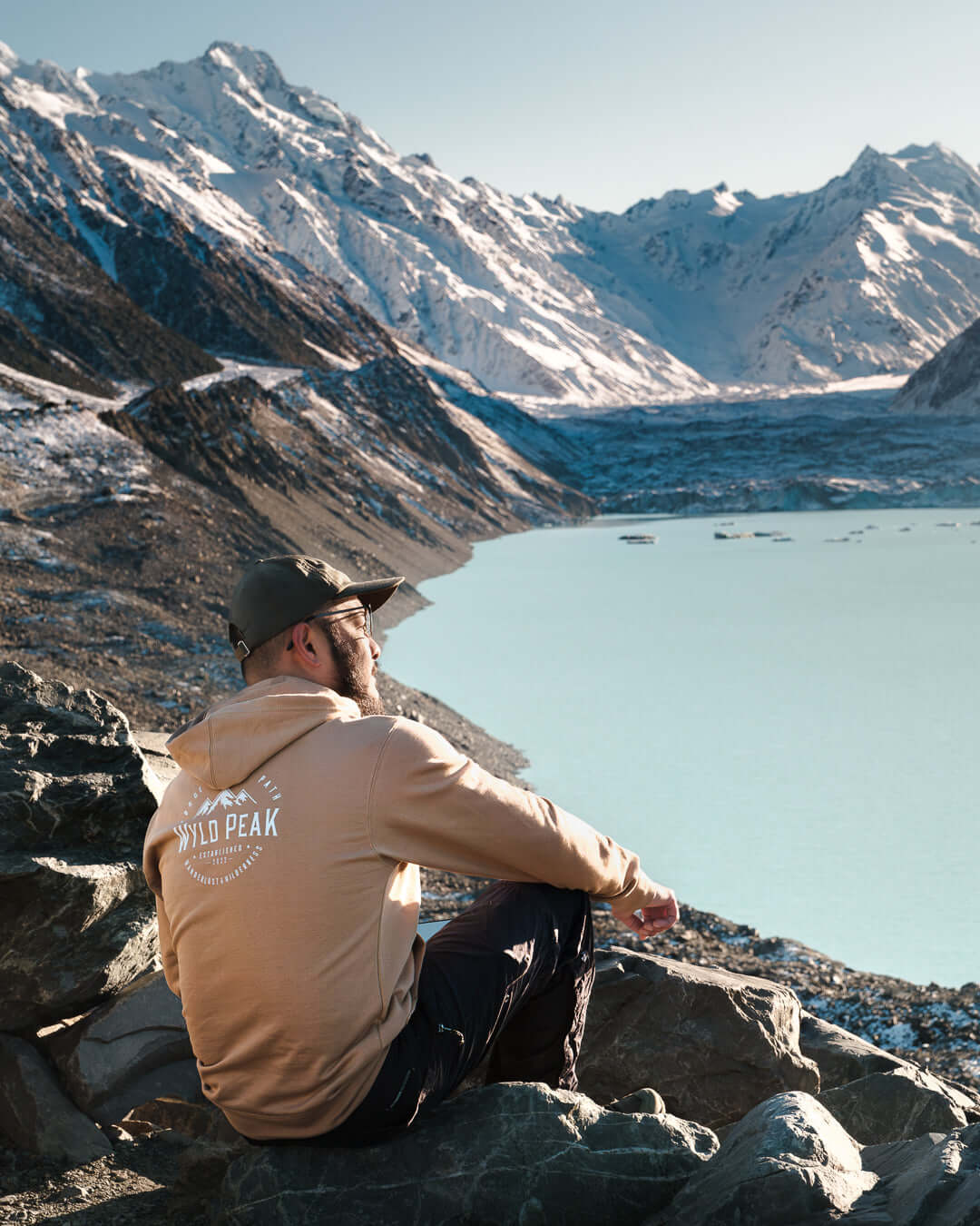 JM Beltran in a Wyld Peak classic hoodie at Aoraki Mount Cook, alternate pose and angle.