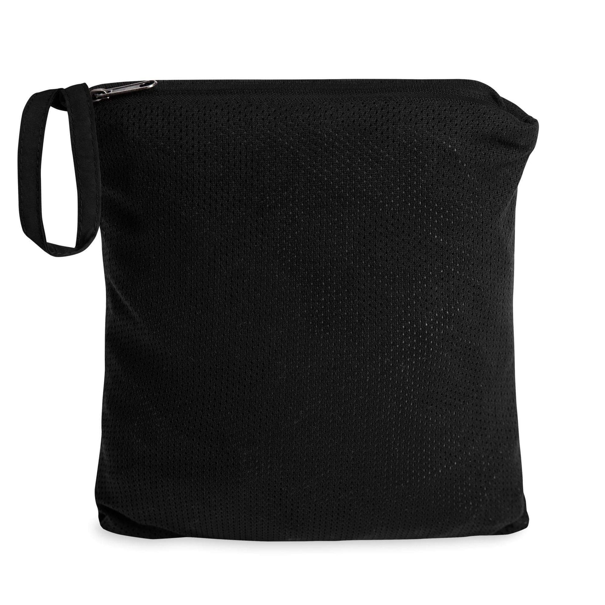 Wyld Peak embroidered Champion packable jacket in black folded into carry bag.