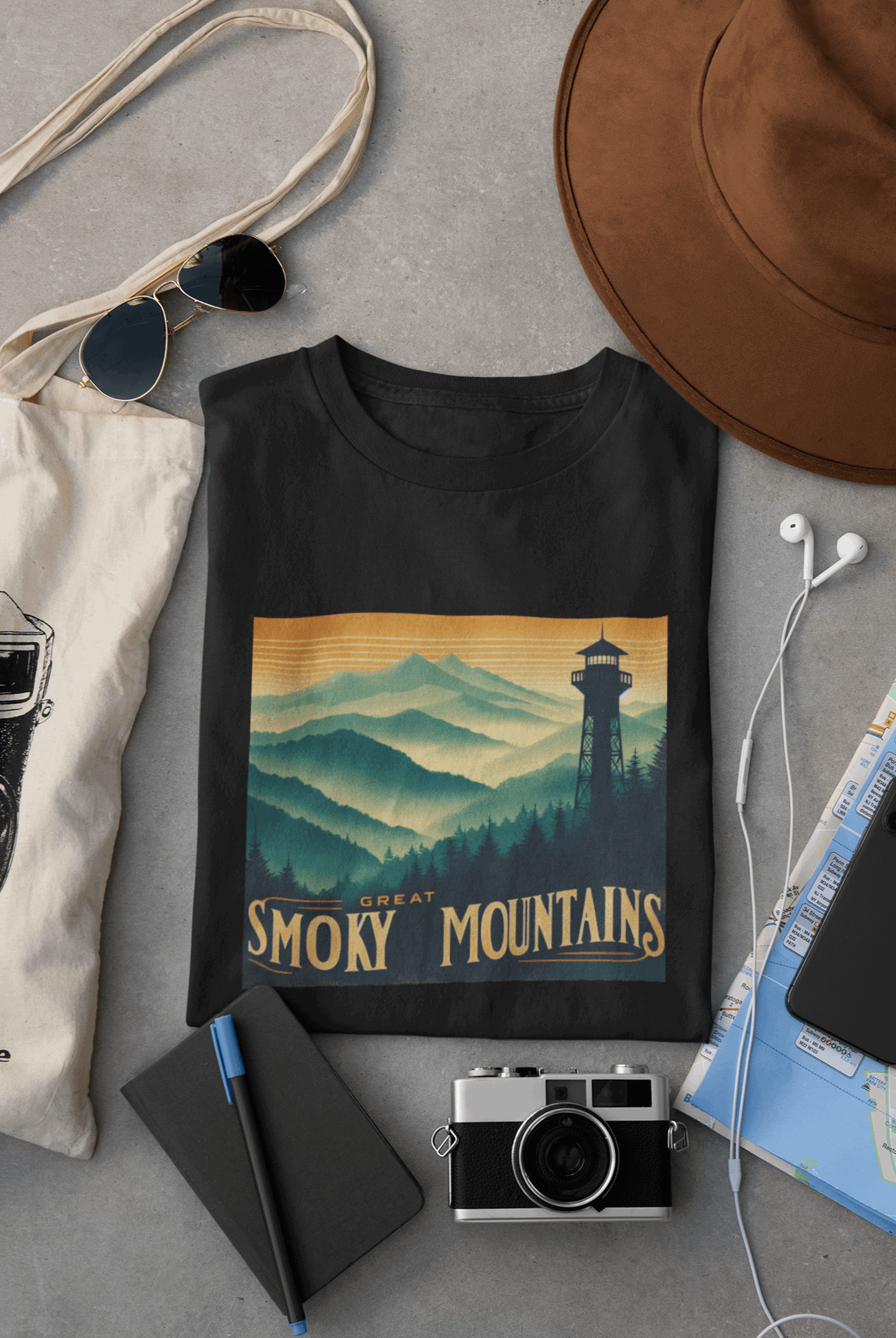 Wyld Peak Great Smoky Mountains National Park organic cotton tee in black laid flat on desk.