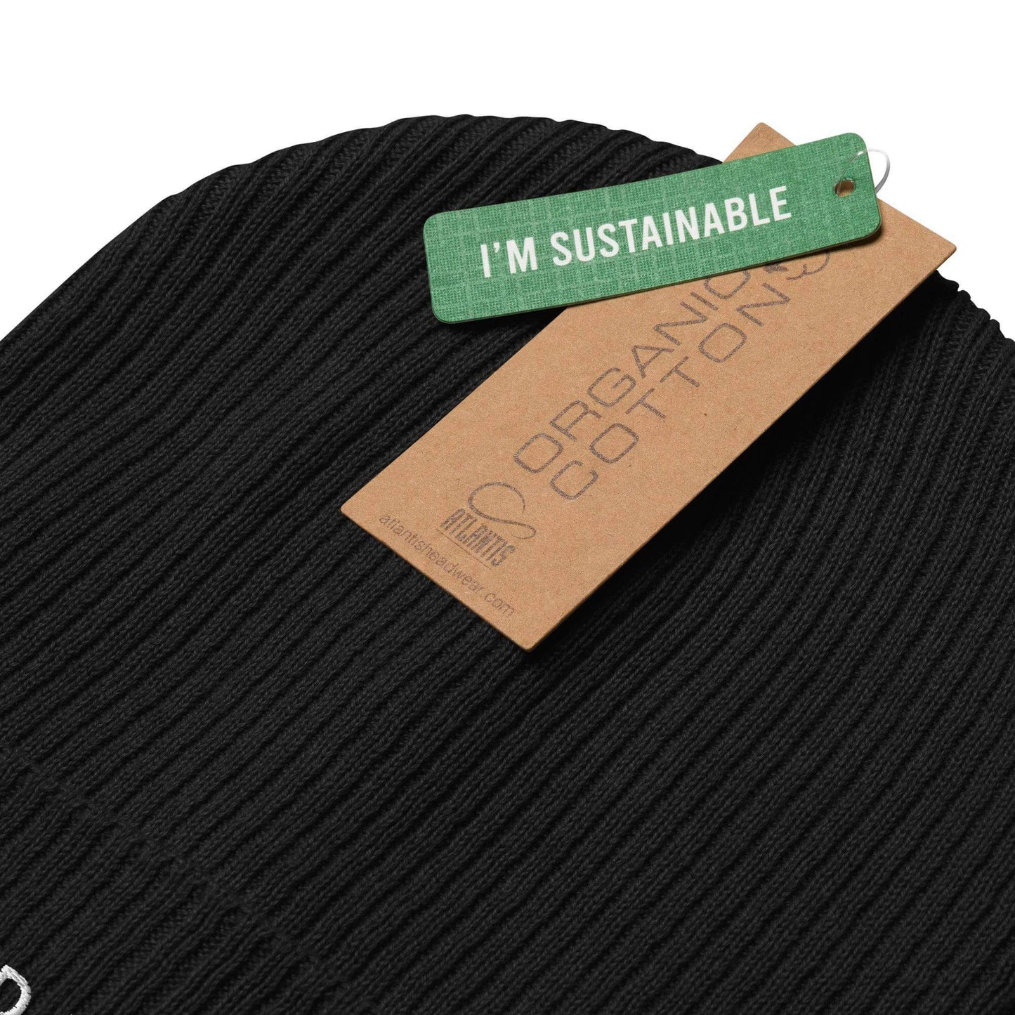 Black Wyld Peak organic cotton beanie with eco tags on white background.