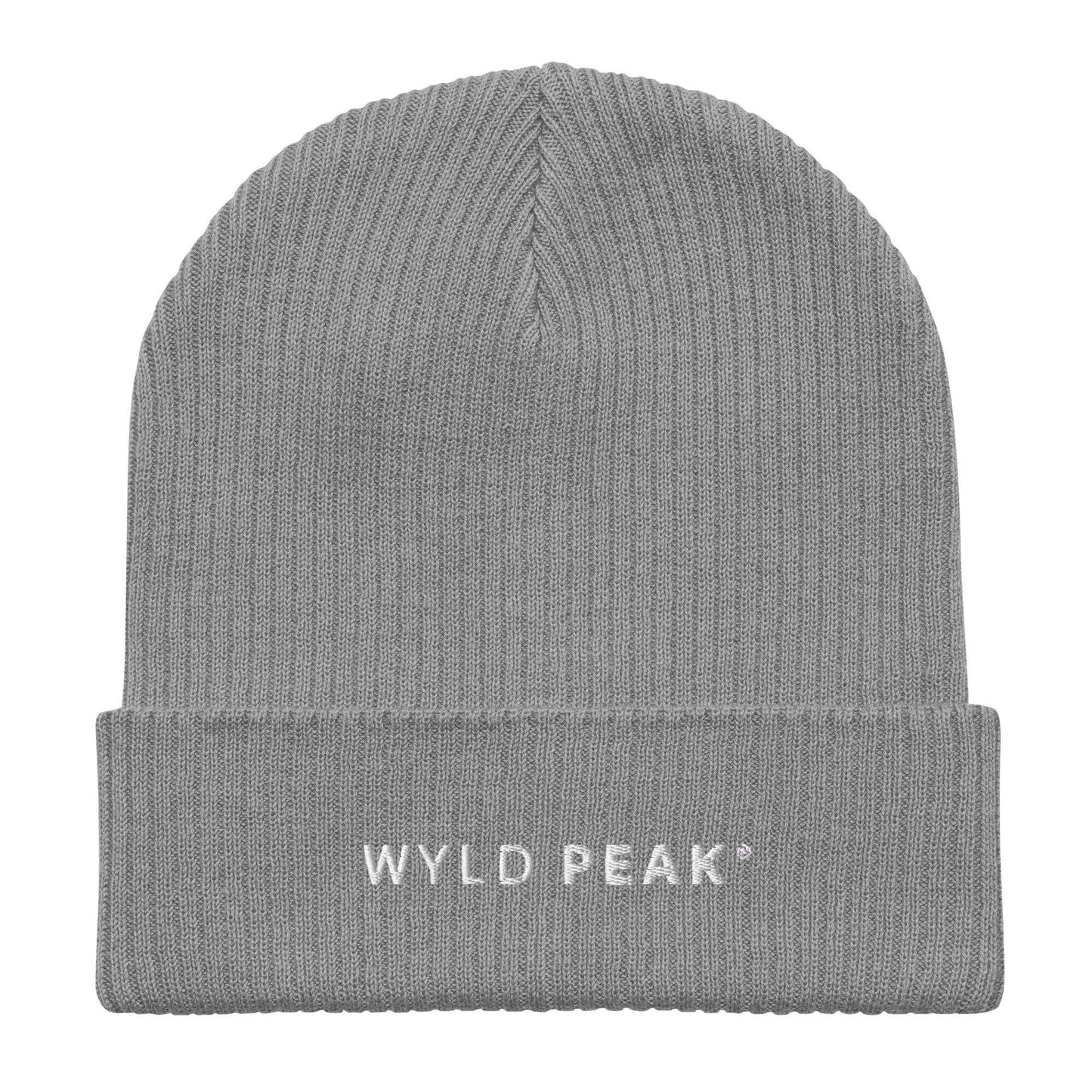 Wyld Peak organic cotton beanie in grey with white background.