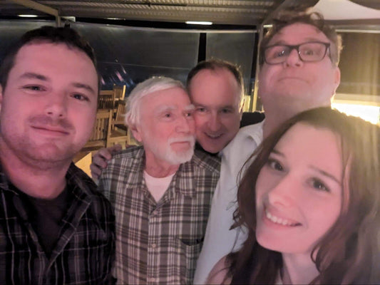 Team Gamber—Larry, Hayden, Rob, Bruce, and Marianne—enjoying a meal together at a restaurant in Da Nang, Vietnam