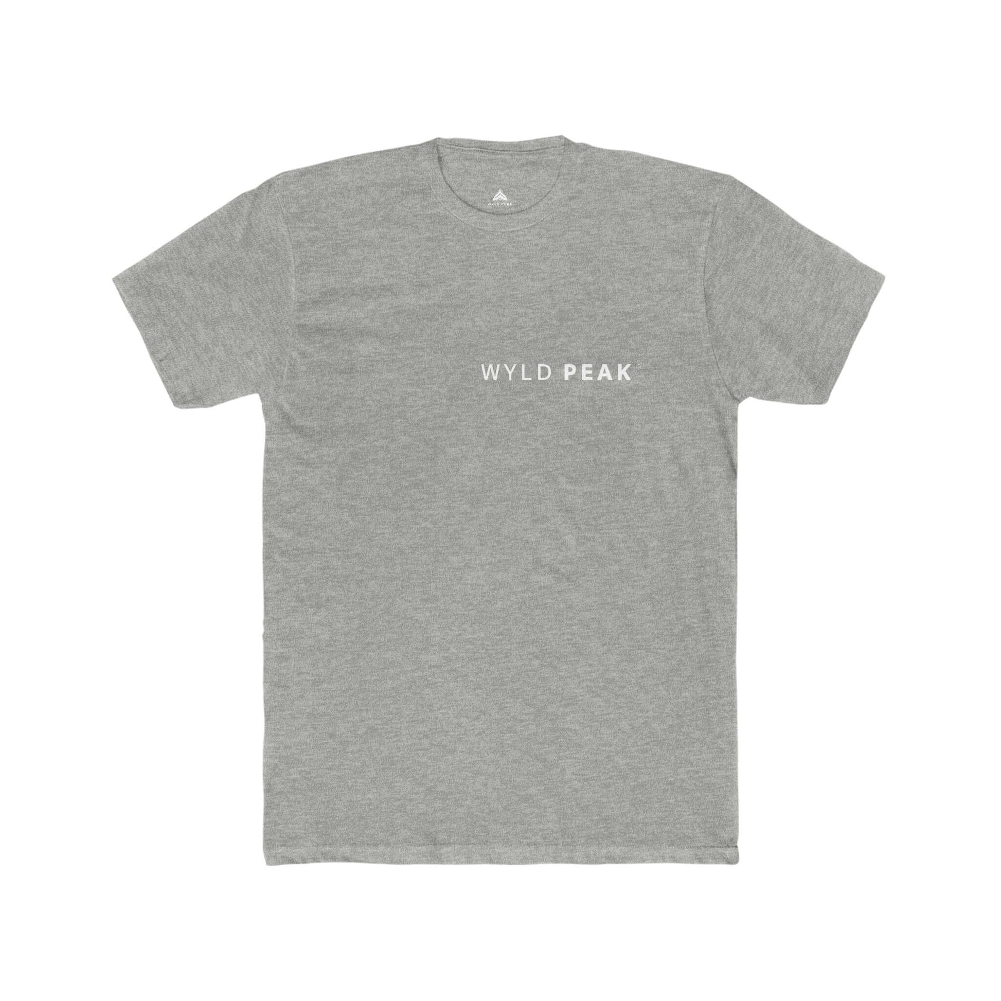 Soft ringspun men's grey t-shirt tee with bold Wyld Peak branding for active lifestyles.