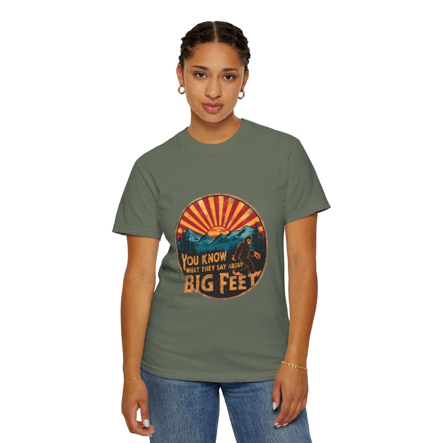 Classic women’s t-shirt with Bigfoot graphic, made in the USA, soft and comfortable.