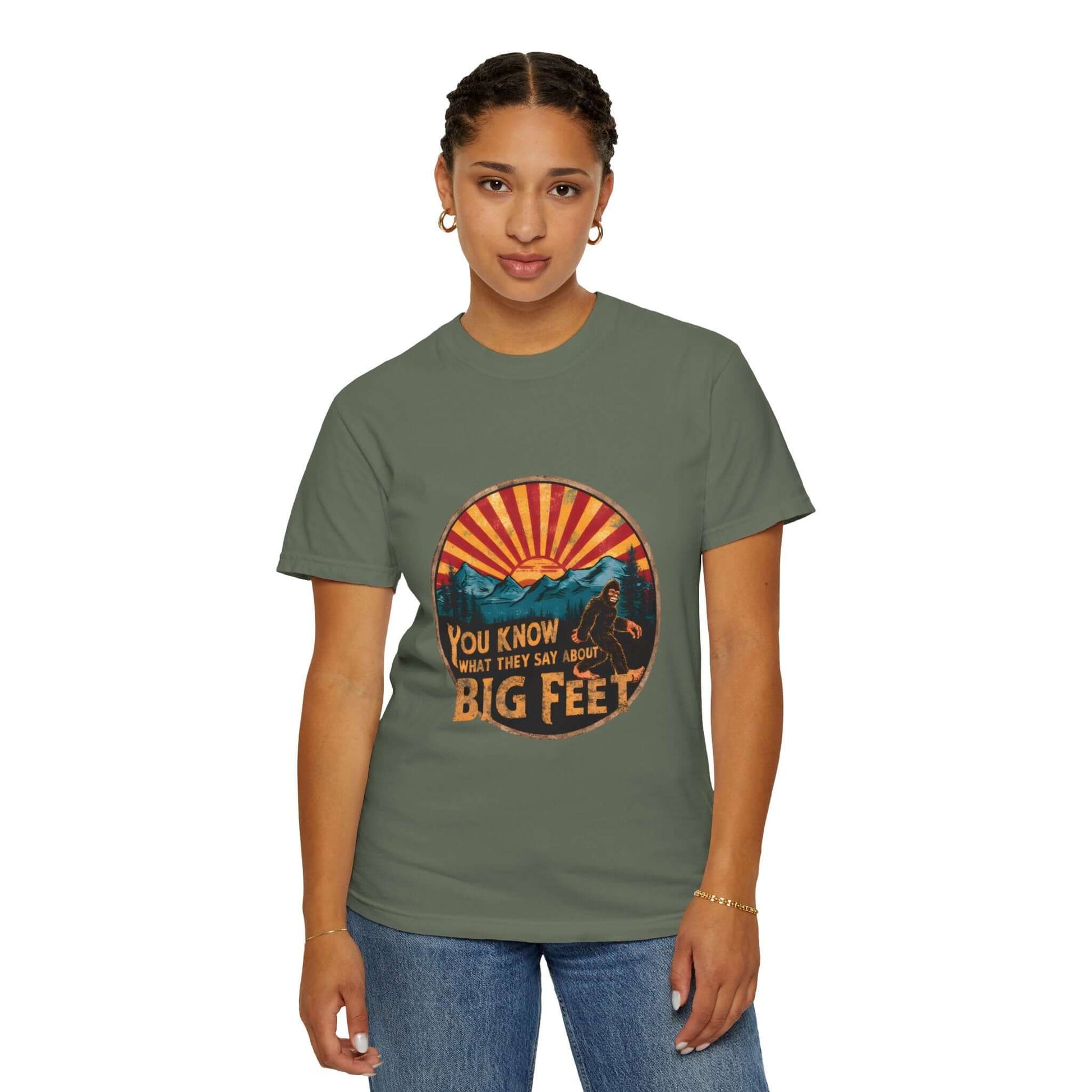 Classic women’s t-shirt with Bigfoot graphic, made in the USA, soft and comfortable.