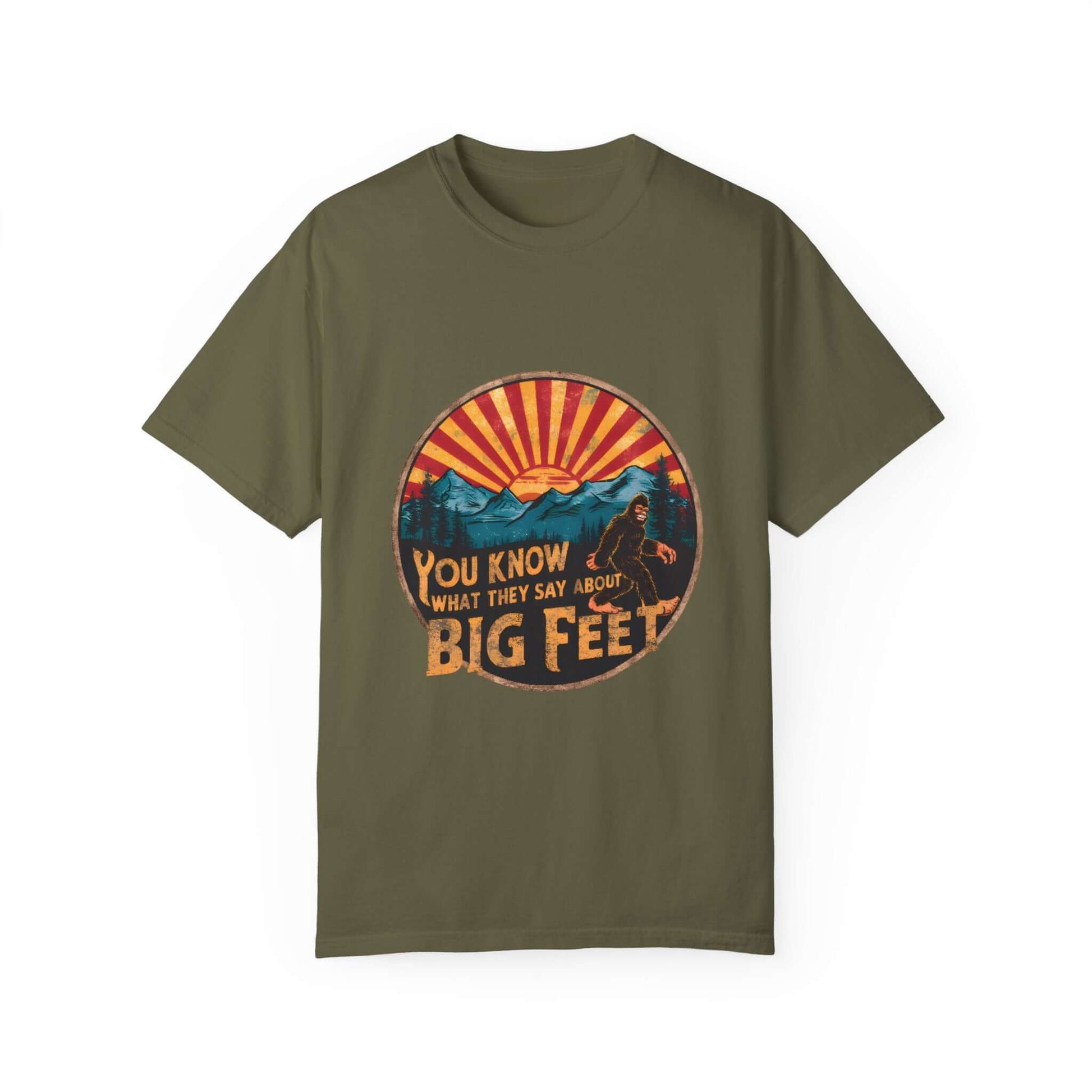 Comfortable women’s t-shirt with Sasquatch design, great for hiking and camping.