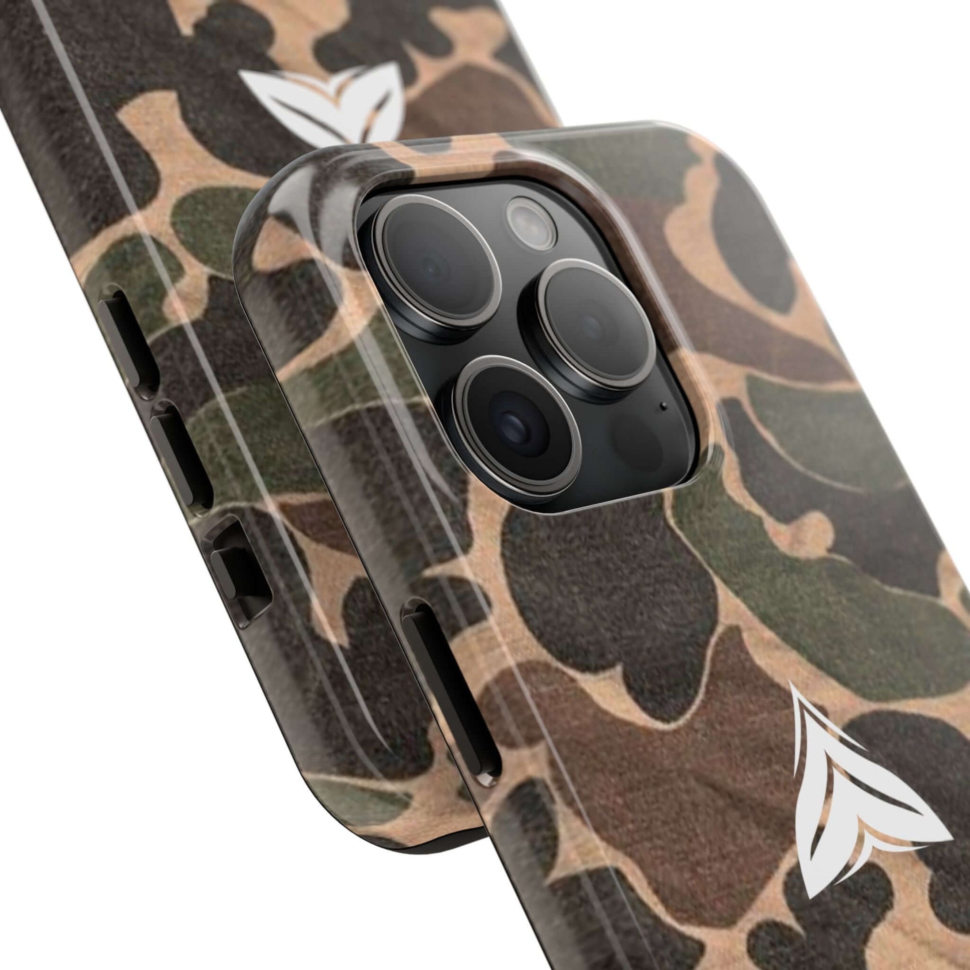 WW2 and Vietnam-inspired rugged phone case, camouflage design for outdoor use, crafted in the USA