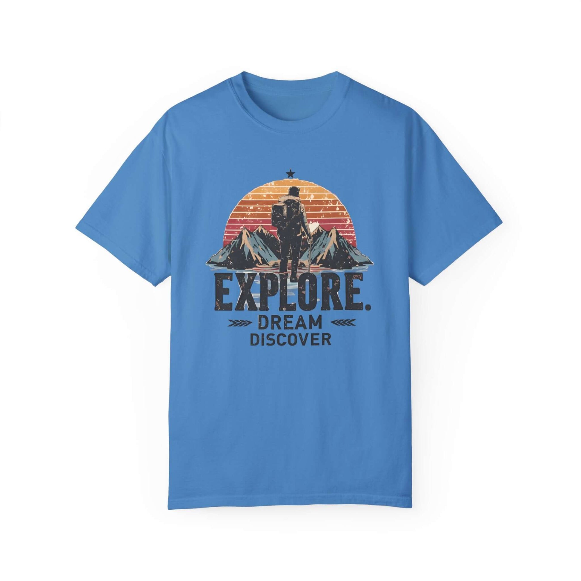 Premium women’s cotton t-shirt with 'Explore. Dream. Discover' hiker-themed design in blue color.