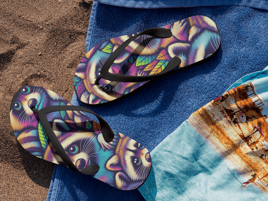 Trippy Raccoon Colorful Flip Flops
