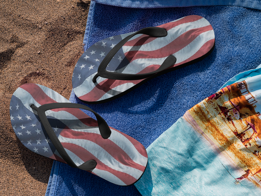 USA Flag Flip Flops | Patriotic Red, White & Blue Sandals | Stars and Stripes Beach Shoes | American Themed Summer Footwear