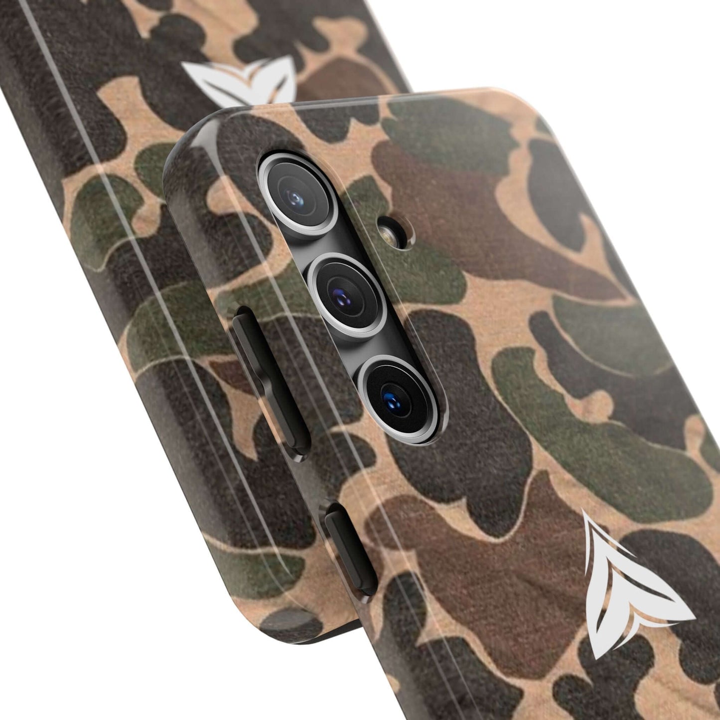 Camouflage phone case, ideal for hikers and outdoor enthusiasts, crafted in the USA with a military-inspired look