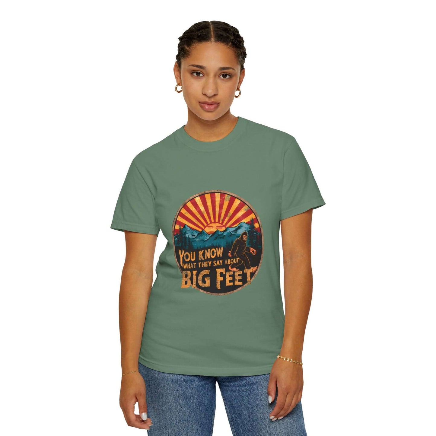 Breathable Bigfoot design women’s tee, ideal for exploring the outdoors.