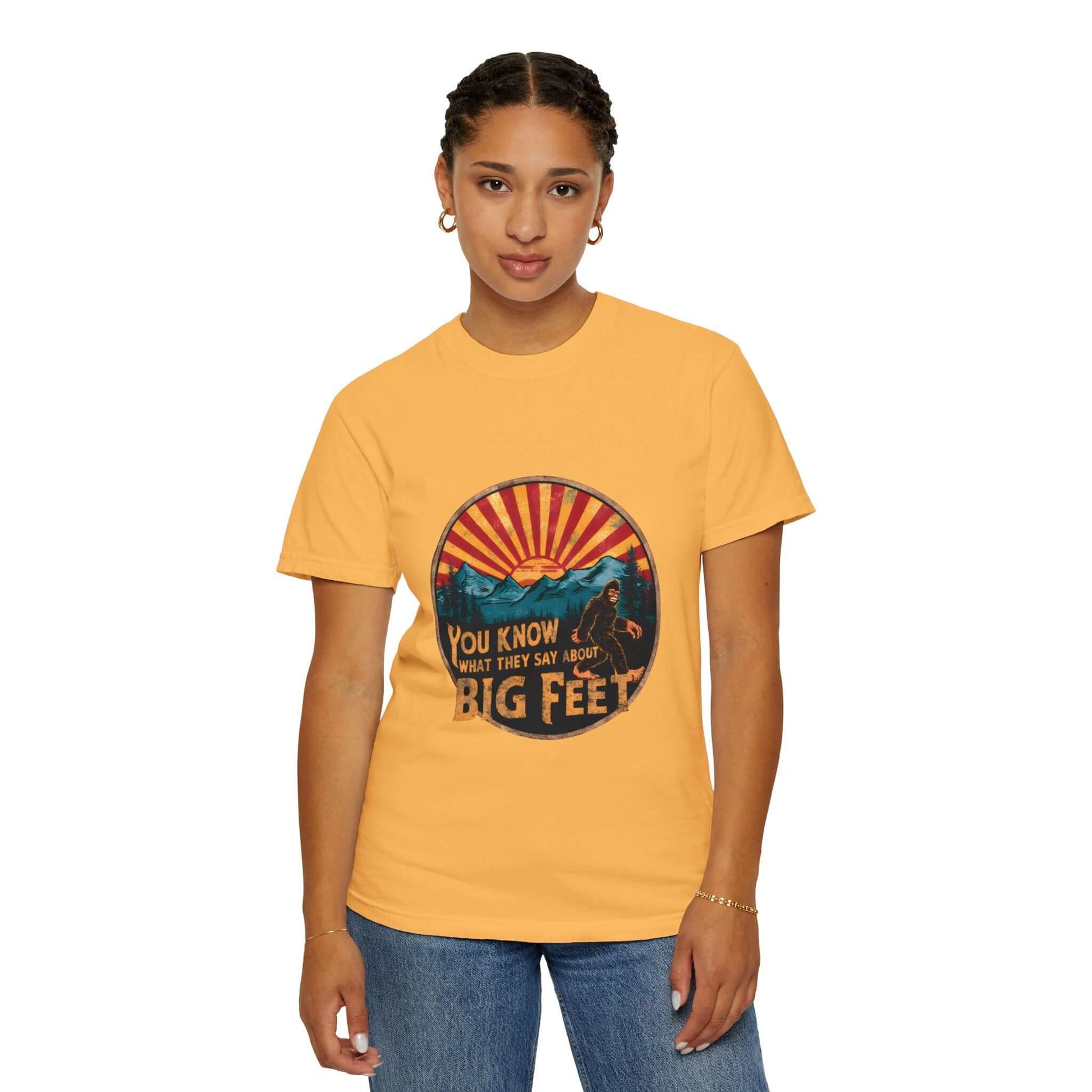 Bigfoot-inspired women’s t-shirt, perfect for hiking, biking, or everyday style.